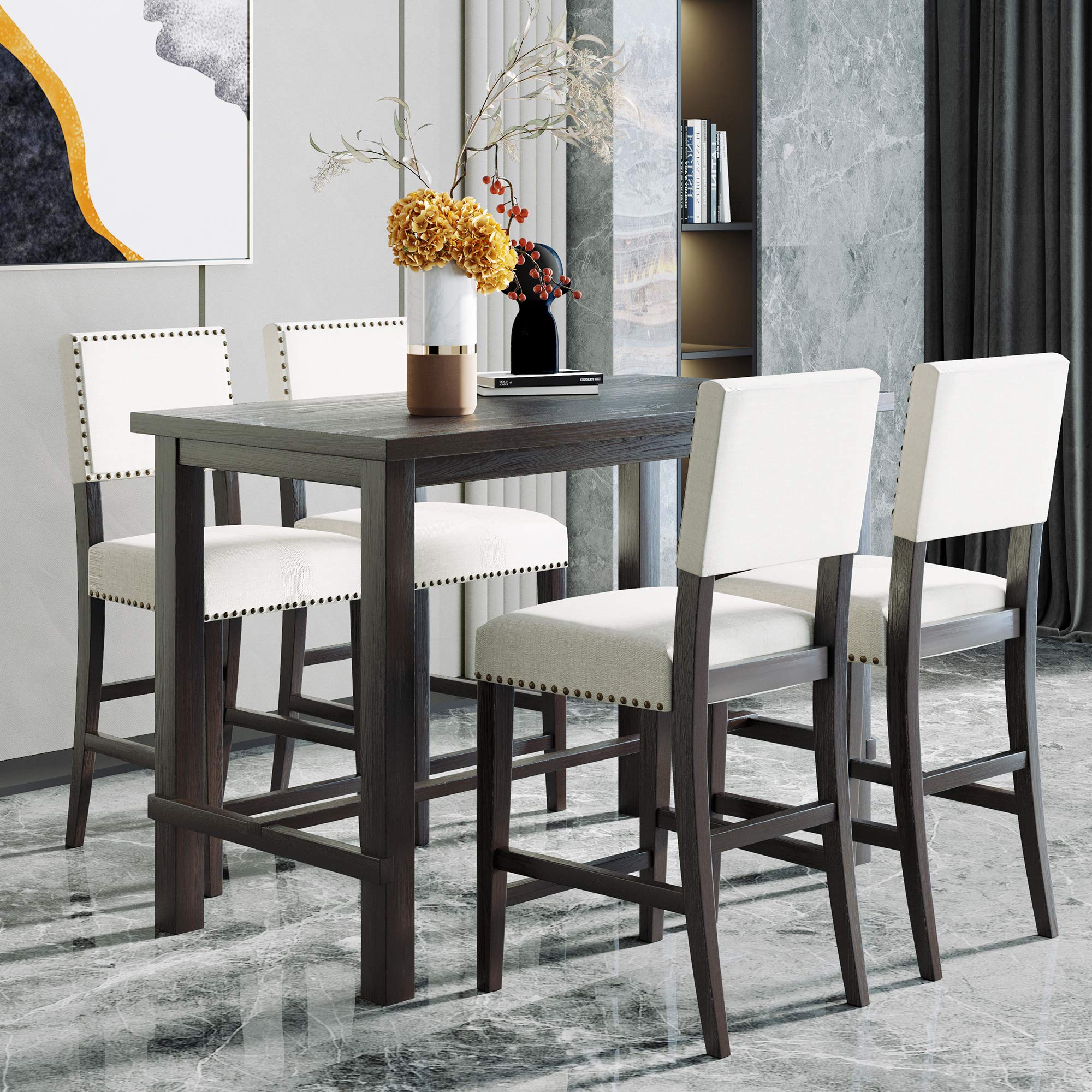 LZ LEISURE ZONE 5-Piece Counter Height Dining Set - Wood Kitchen Table & Chairs for 4 - Espresso & Beige Modern Dining Room Furniture - Perfect for Small Spaces, Apartments, Restaurants & Breakfast Nooks