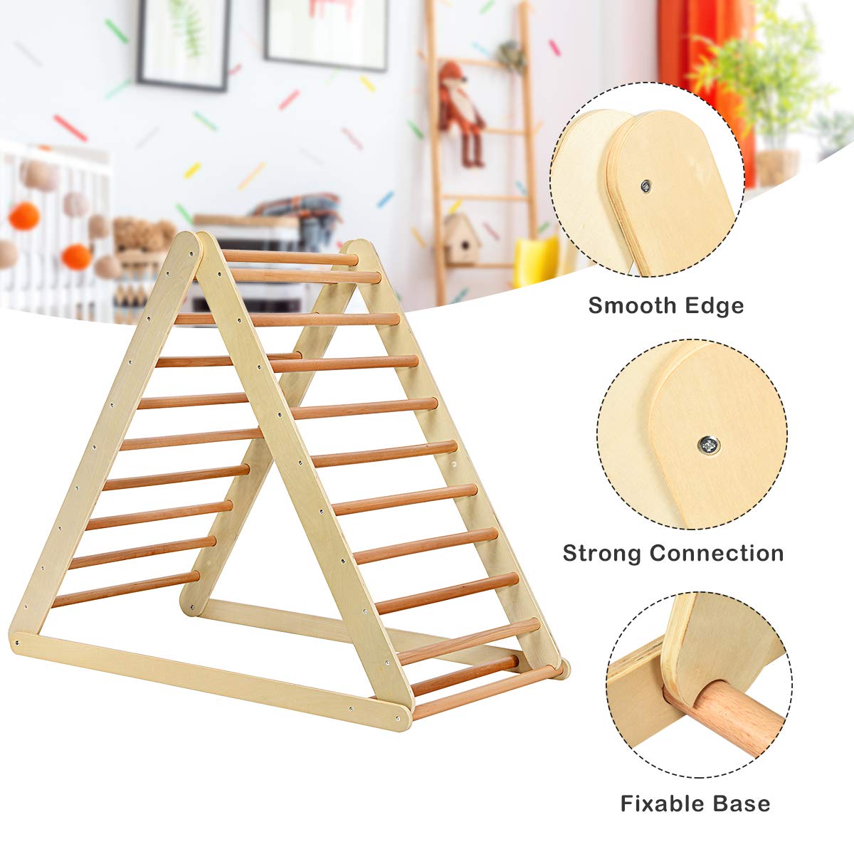 HONEY JOY 2-in-1 Foldable Wooden Triangle Climber with Ramp, Ladder & Slide - Indoor Toddler Climbing Set for Playground, Gym & Daycare - Perfect Gift for Boys & Girls (Natural) - Ideal for Montessori Play, Home Exercise & Early Childhood Development