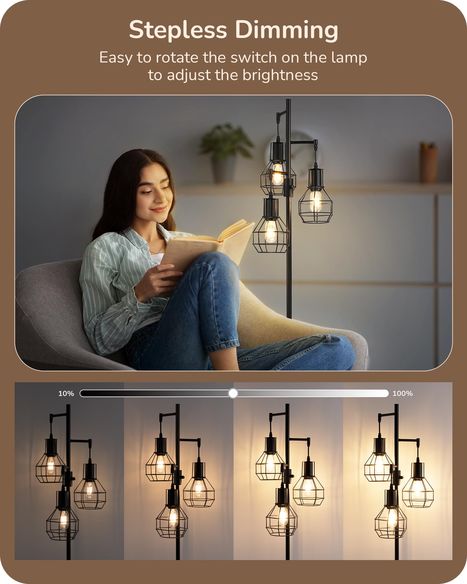 Dimmable Farmhouse Floor Lamp with 3 LED Edison Bulbs - Industrial Standing Lamp for Living Room, Bedroom & Office - Rustic Tall Tree Reading Lamp in Black - Perfect for Cozy Corners & Home Decor