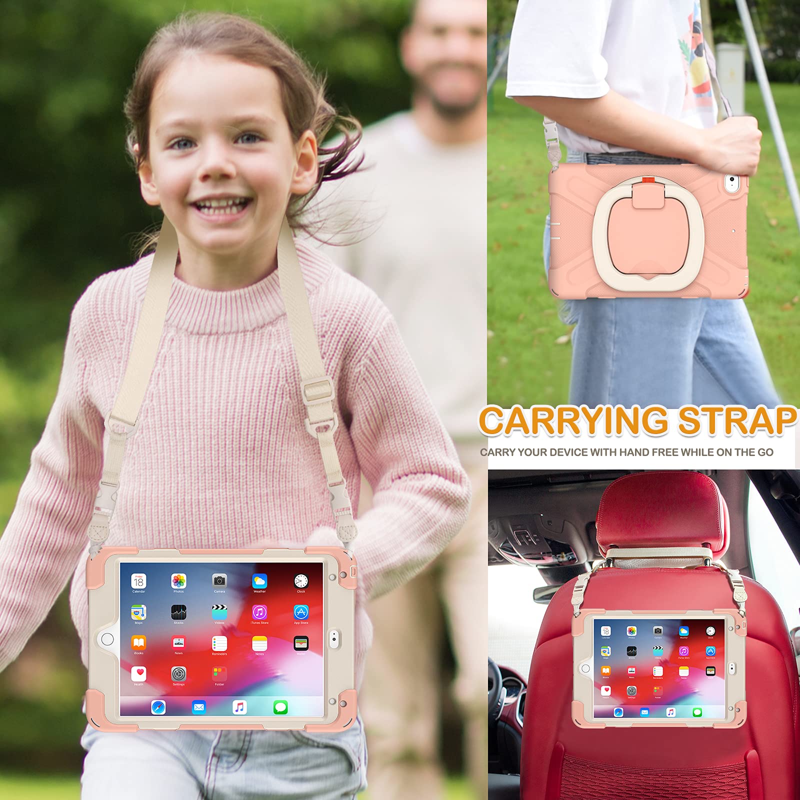 BRAECN iPad Mini 5/4 Case (7.9 Inch 2019/2015 Model) - Shockproof Silicone Protective Cover with Pencil Holder, Adjustable Shoulder Strap, 360° Rotating Stand & Kickstand - Rose Gold - Perfect for Kids Learning, Travel, and Home Use