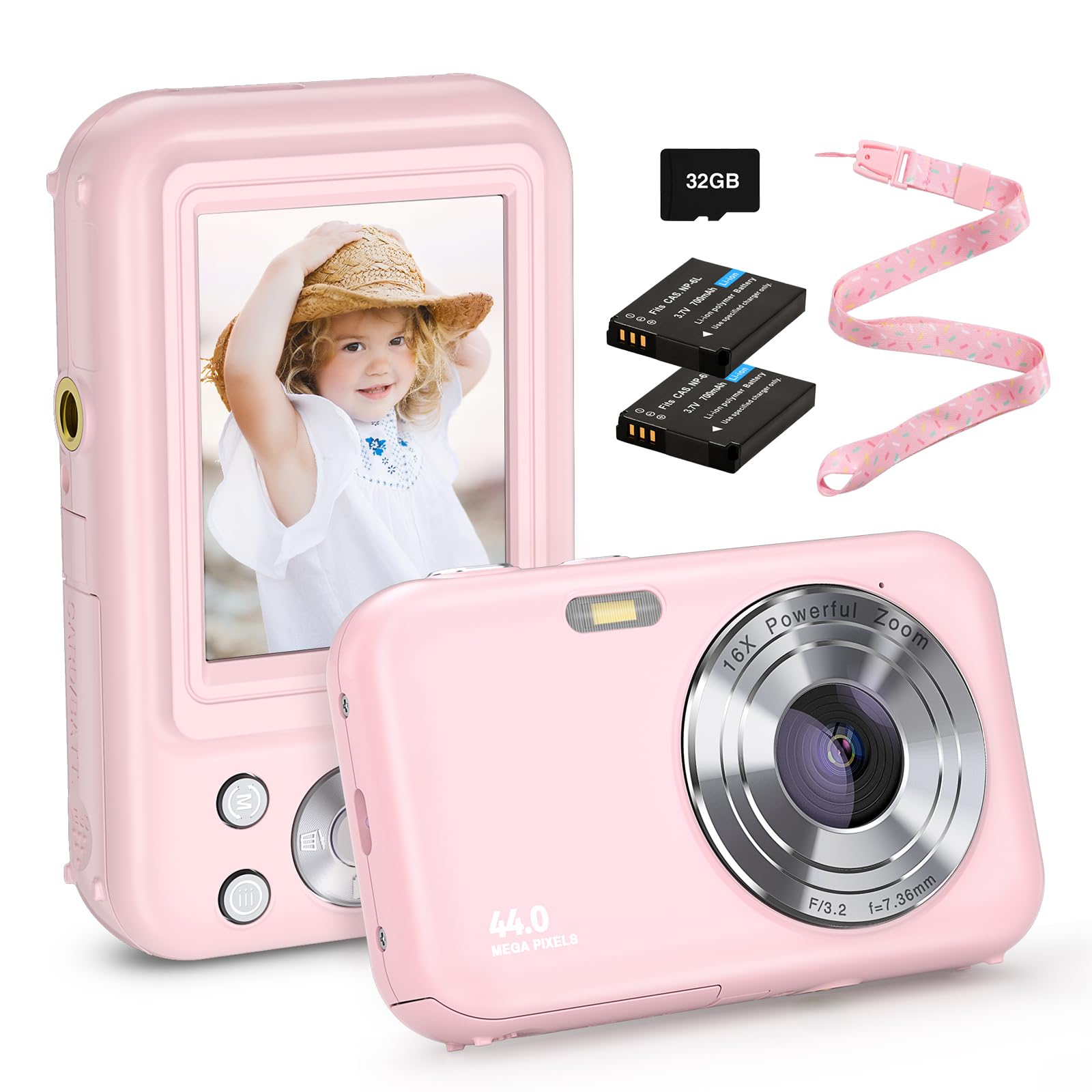 44MP Digital Camera for Kids - 1080P FHD Point and Shoot Camera with 16X Zoom, 32GB Card & 2 Batteries - Compact Portable Photography Camera Gift for Boys Girls Students Teens (Pink) - Perfect for Travel, Birthday Parties & School Projects