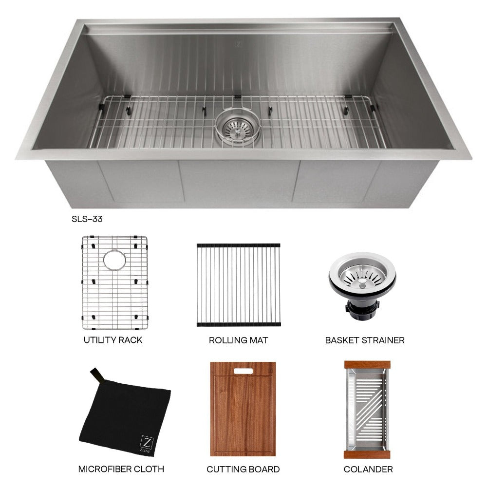 ZLINE Garmisch 33-Inch Undermount Single Bowl Stainless Steel Kitchen Sink - Scratch Resistant, Includes Bottom Grid & Accessories (SLS 33S) - Perfect for Modern Kitchens, Remodeling & Chef-Grade Food Prep