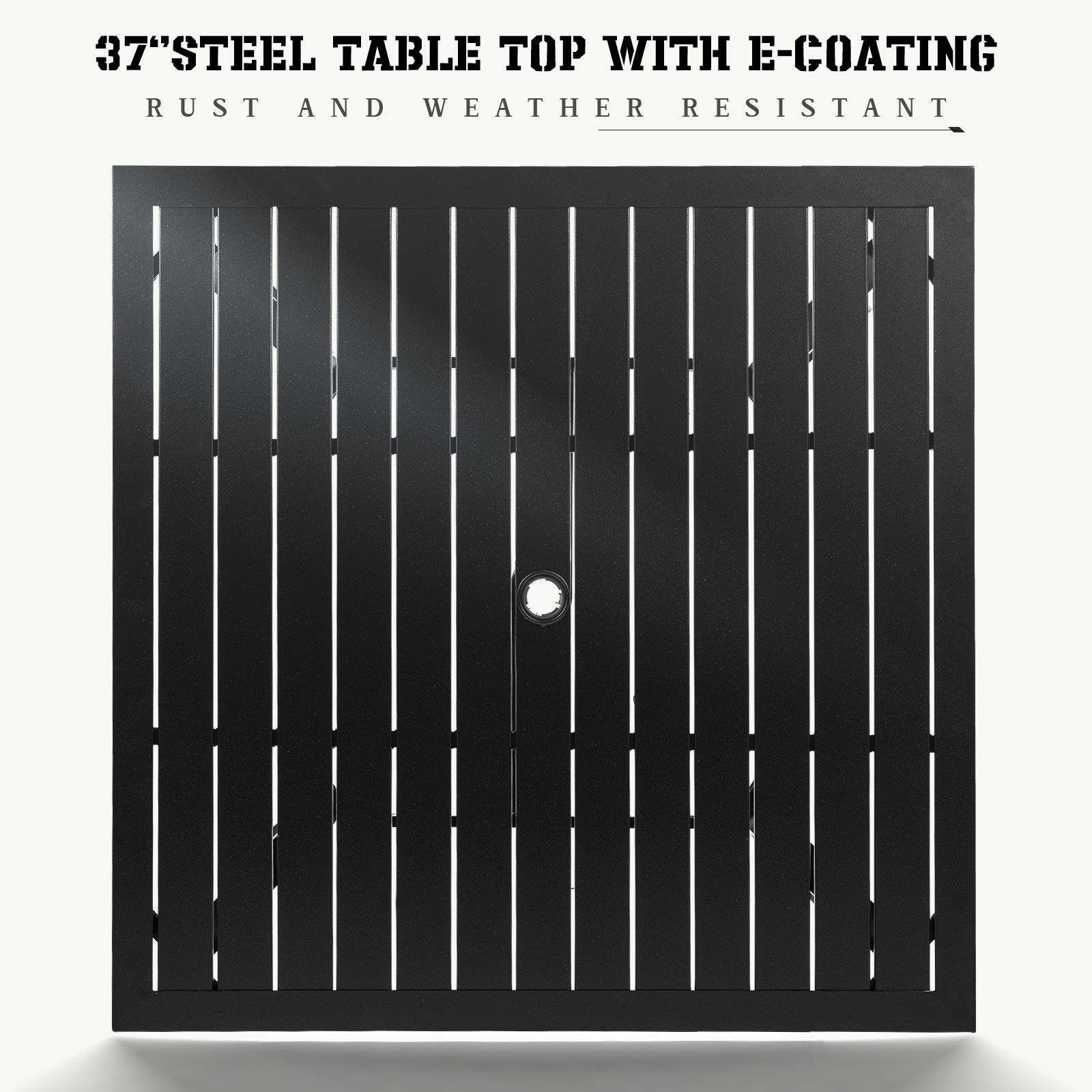 SOLAURA 37-Inch Outdoor Dining Table with Metal Frame - 4-Person Patio Table with Umbrella Hole, Weather-Resistant Black Slat Top for Indoor & Outdoor Use - Perfect for Backyard, Garden, Poolside & Balcony Dining