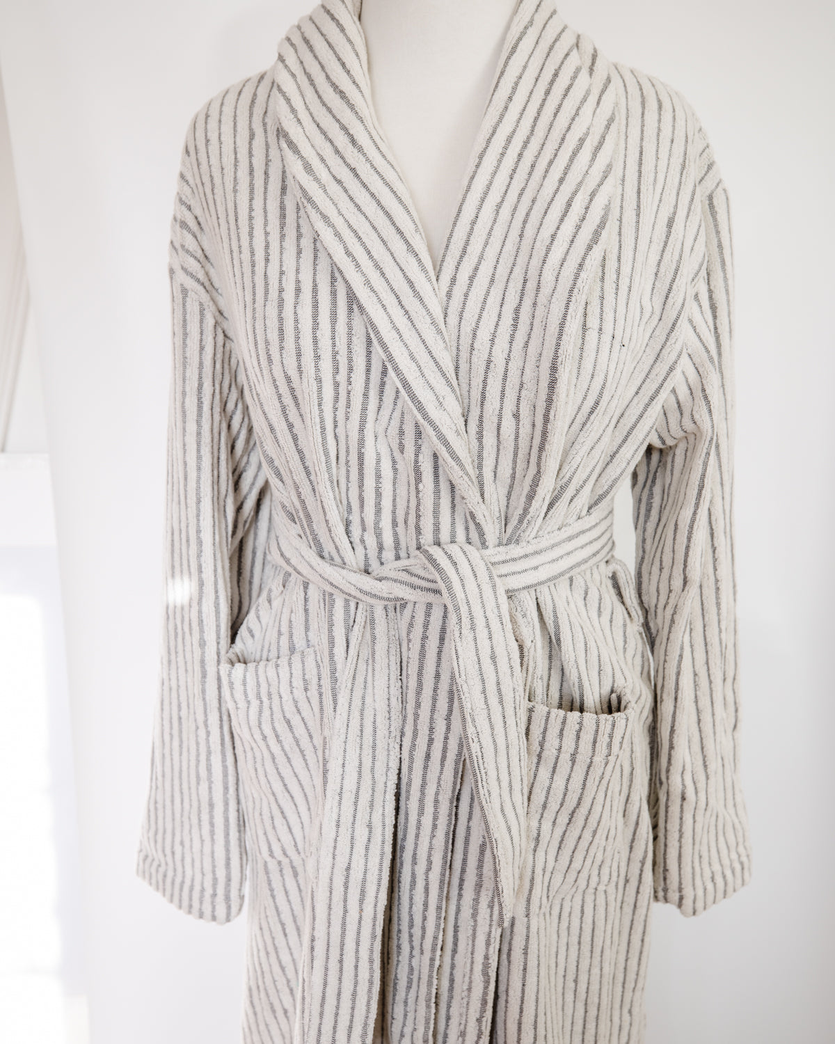 Soft Grey Striped Terry Cloth Bathrobe for Women & Men - Cozy Plush Robe with Pockets - Perfect for Spa, Lounge & After Shower Relaxation at Home
