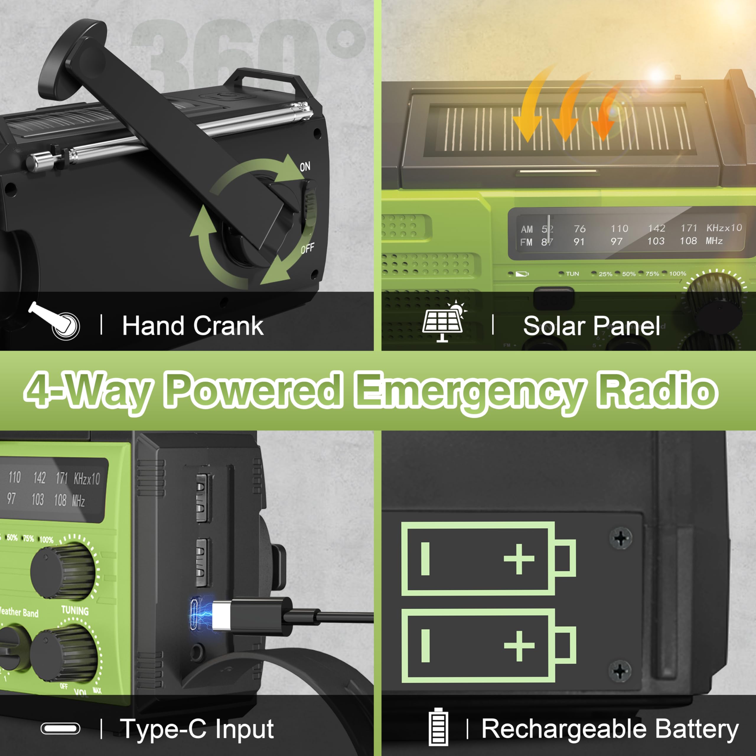 NOAA Emergency Weather Radio with AM/FM/NOAA Alerts - 8000mAh Solar & Hand Crank Power Bank, USB Charger, Flashlight, Reading Lamp & SOS Alarm - Portable Survival Radio for Hurricanes, Camping, Hiking & Home Emergencies