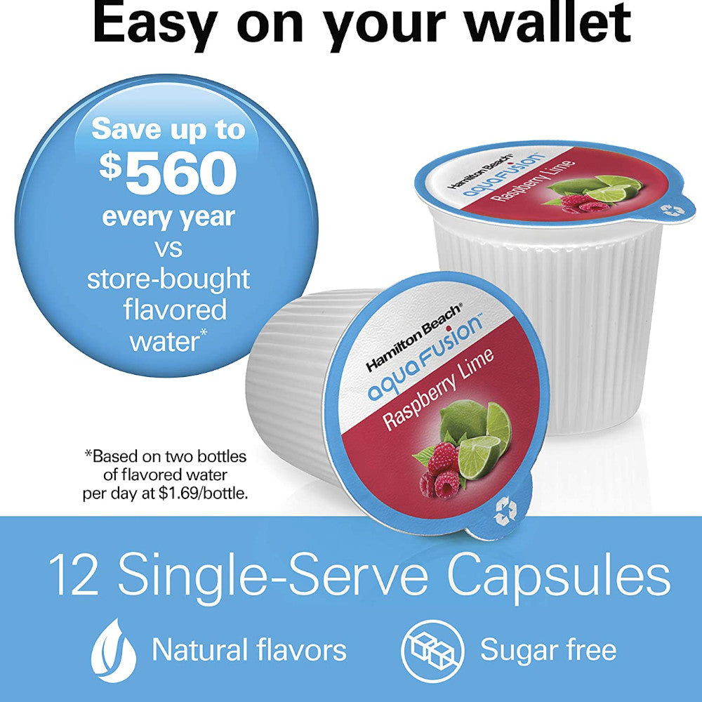 Hamilton Beach AquaFusion Raspberry Lime Flavor Capsules 12 Pack (87361) - Refreshing Drink Pods for Water Bottles & Infusers | Perfect for Home, Office & Gym Hydration
