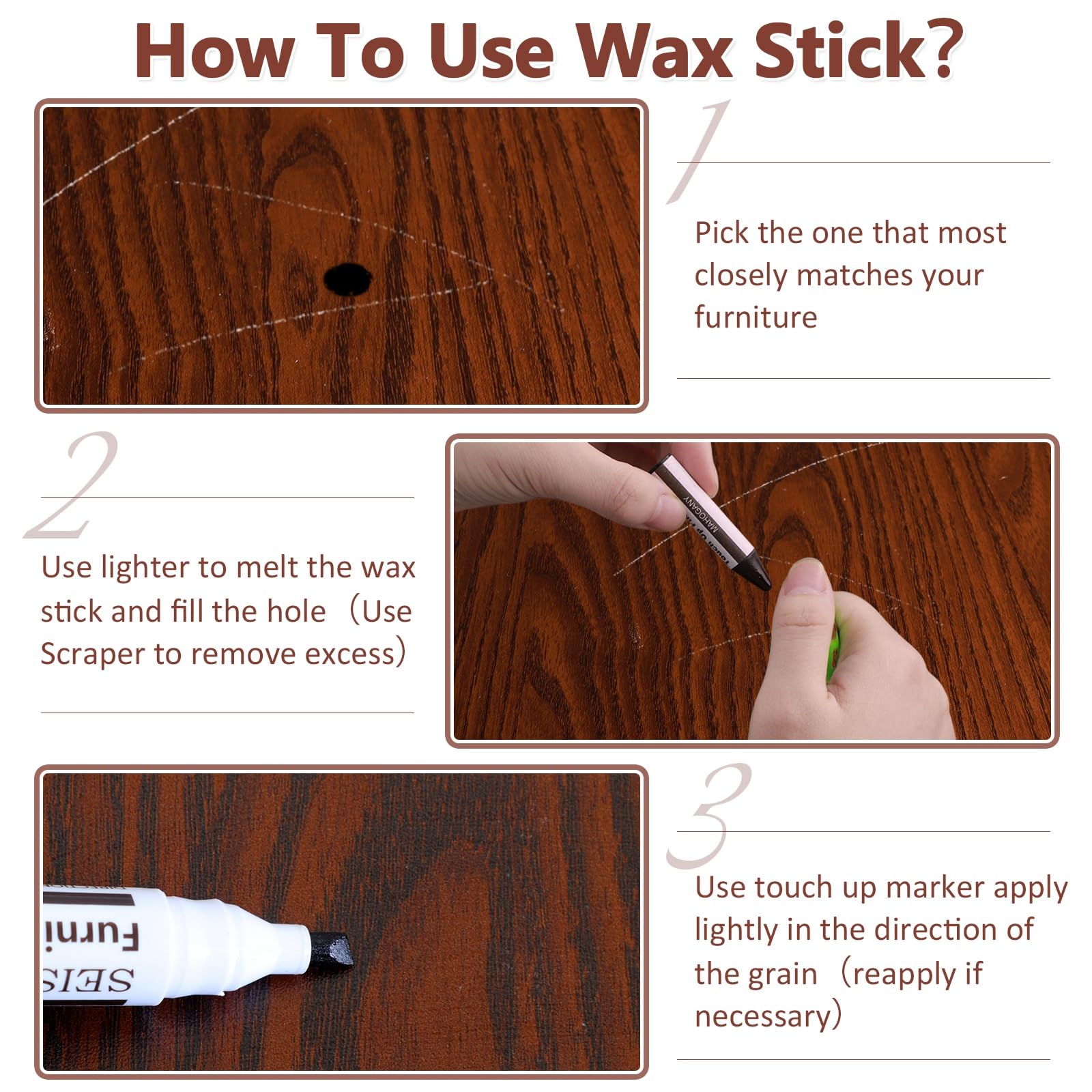 Upgraded 24-Piece Wood Furniture Repair Kit - Markers & Wax Sticks with Sharpener & Black Cloth - Fix Scratches, Nail Holes & Molding on Tables, Chairs, Cabinets - Perfect for Home, Office & DIY Restoration Projects