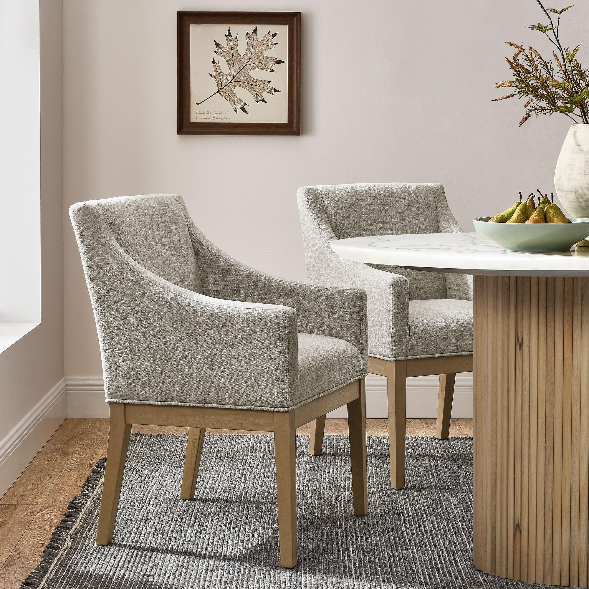 Modway Alton Upholstered Dining Chair with Arms in Linen Natural – Mid Century Modern Padded Kitchen Chair with Wood Legs – Fabric Accent Chair for Dining Room, Living Room & Office