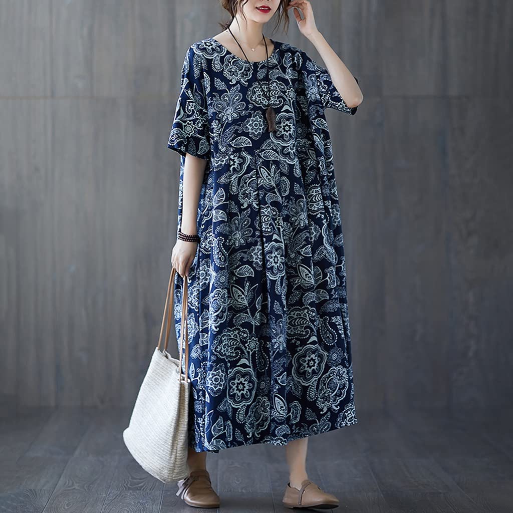 Women's Vintage Floral Print Short Sleeve Loose Summer Dress - 100% Cotton Linen Casual Long Dress (One Size) | Perfect for Beach Vacation, Boho Outfits & Summer Streetwear