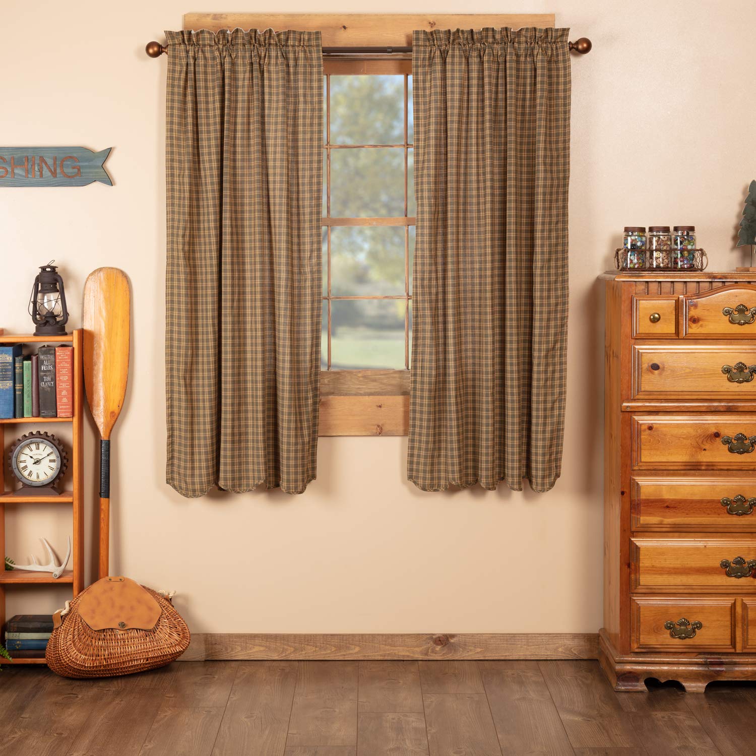 Rustic Cedar Green Plaid Cotton Curtains - Rod Pocket & Tie Back Panel Pair for Living Room, Bedroom & Farmhouse Decor