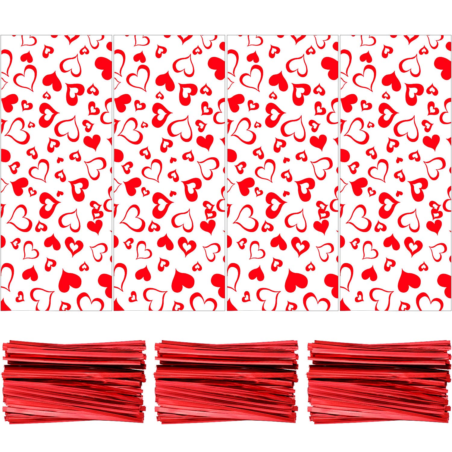 120-Piece Valentine's Day Treat Bags - Heart-Shaped Cellophane Candy Gift Bags with 150 Twist Ties - Perfect for Valentine's Party Favors, Classroom Treats & Wedding Candy Buffets