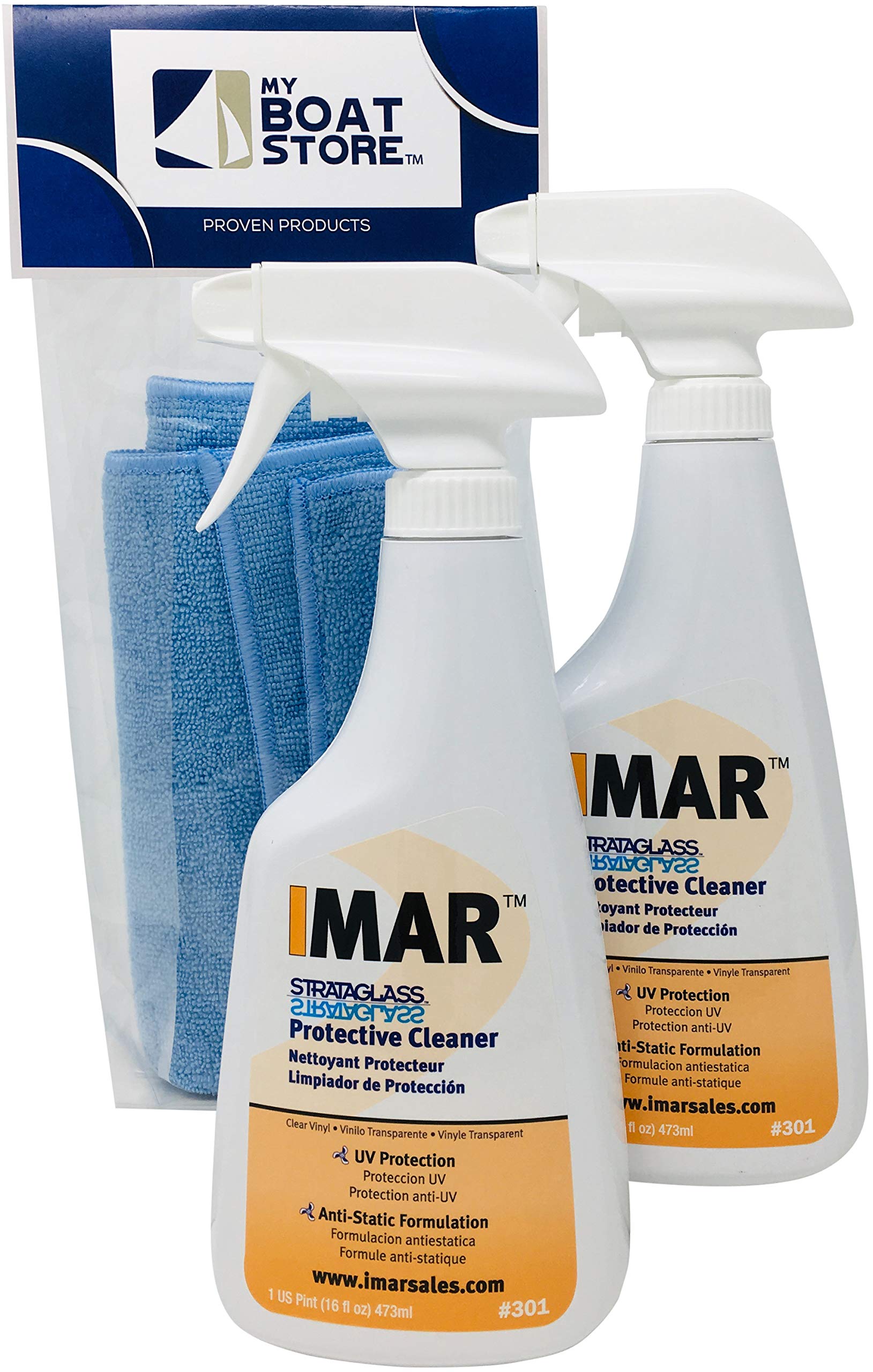 Imar 301 Strataglass Cleaner Bundle - 2 Bottles of Premium Boat & RV Window Cleaner with Microfiber Detailing Cloth (3-Piece Set) - Perfect for Marine Windows, RV Windshields & Clear Vinyl Covers