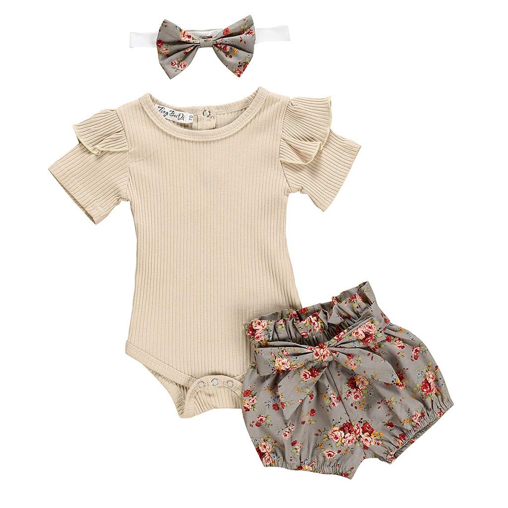 IKFIVQD Newborn Baby Girl Outfits - Cute Romper Bodysuit & Floral Print Shorts Set in Khaki | Soft & Comfortable Infant Clothes for 0-24 Months | Perfect for Playdates, Photo Shoots & Daily Wear
