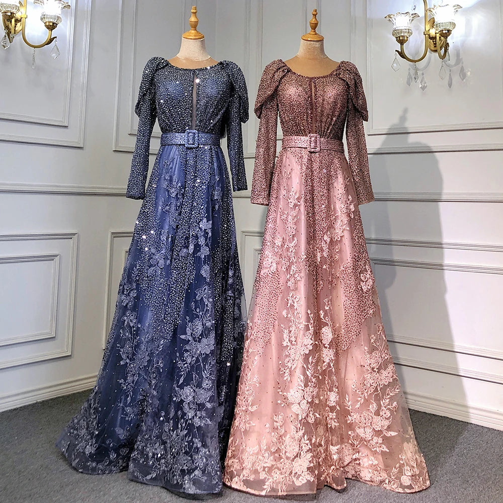 Luxury Dubai Blue Muslim Lace Beaded Evening Gowns for Women - Elegant A-Line Long Sleeve Wedding Party Dresses 2025 | Perfect for Formal Events, Bridal Showers & Special Occasions