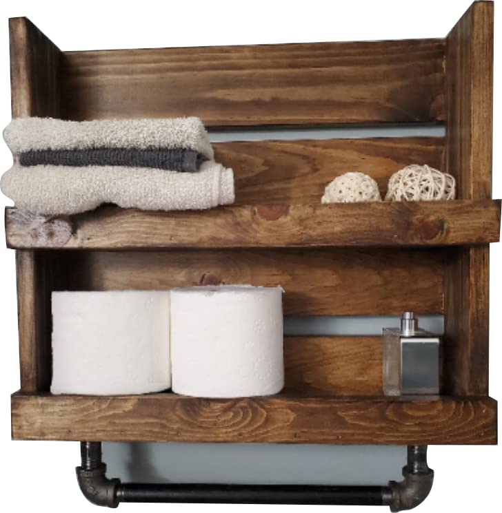 Rustic Farmhouse Bathroom Storage Shelf with Black Pipe Towel Bar - Wall Mounted Organizer for Towels, Toiletries & Decor - Perfect for Farmhouse, Vintage & Industrial Style Bathrooms