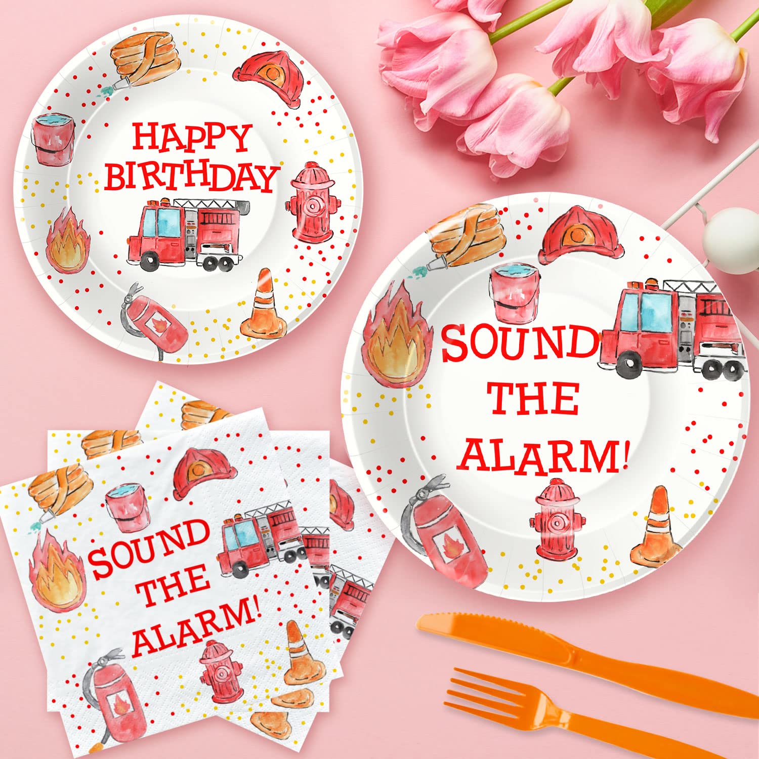 Fire Truck Birthday Party Supplies Set - 24-Piece Firefighter Themed Tableware Kit with Plates, Napkins, Tablecloth & Forks | Perfect for Fireman Birthday Party Decorations & Kids' Themed Celebrations