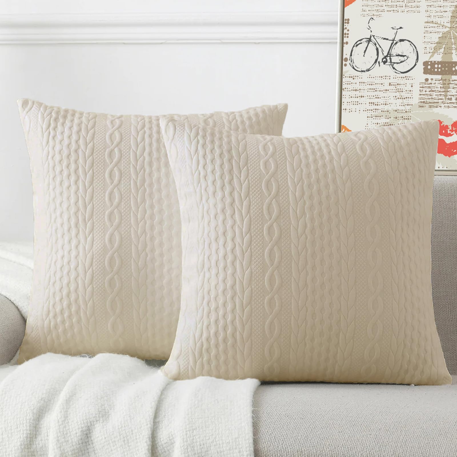 Cikary 22x22 Inch Decorative Throw Pillow Covers Set of 2 - Soft Stretchy Embossed Couch Pillow Covers with Raised Twisted Rope Pattern, Beige - Perfect for Sofa, Bed, Living Room & Home Decor