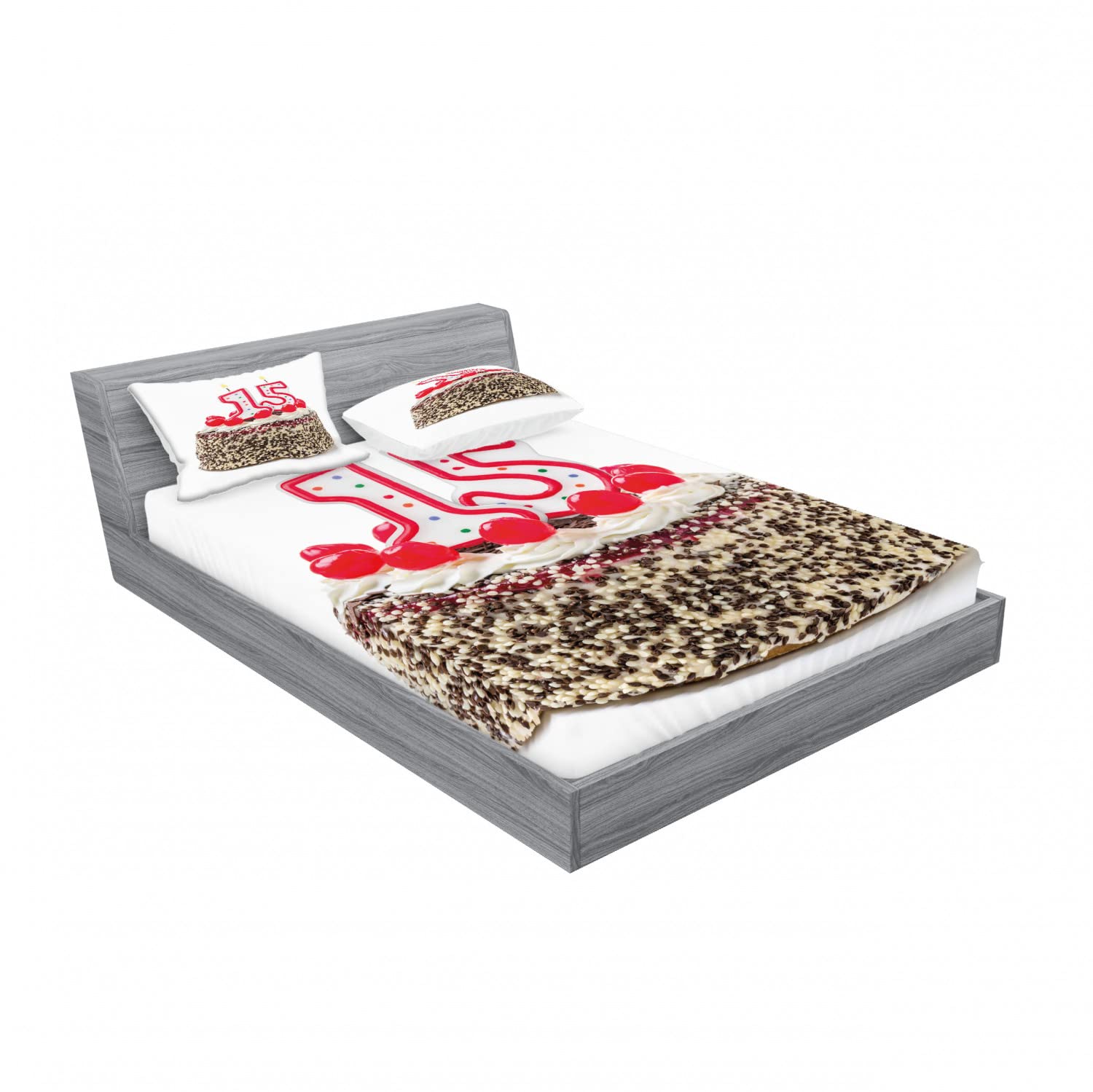 Ambesonne 2-Piece Queen Size Fitted Sheet Set with 4 Pillow Shams - Cherry Cake & Candles Birthday Themed Bedding Decor - Perfect for Birthday Parties, Guest Rooms & Themed Bedroom Decorations