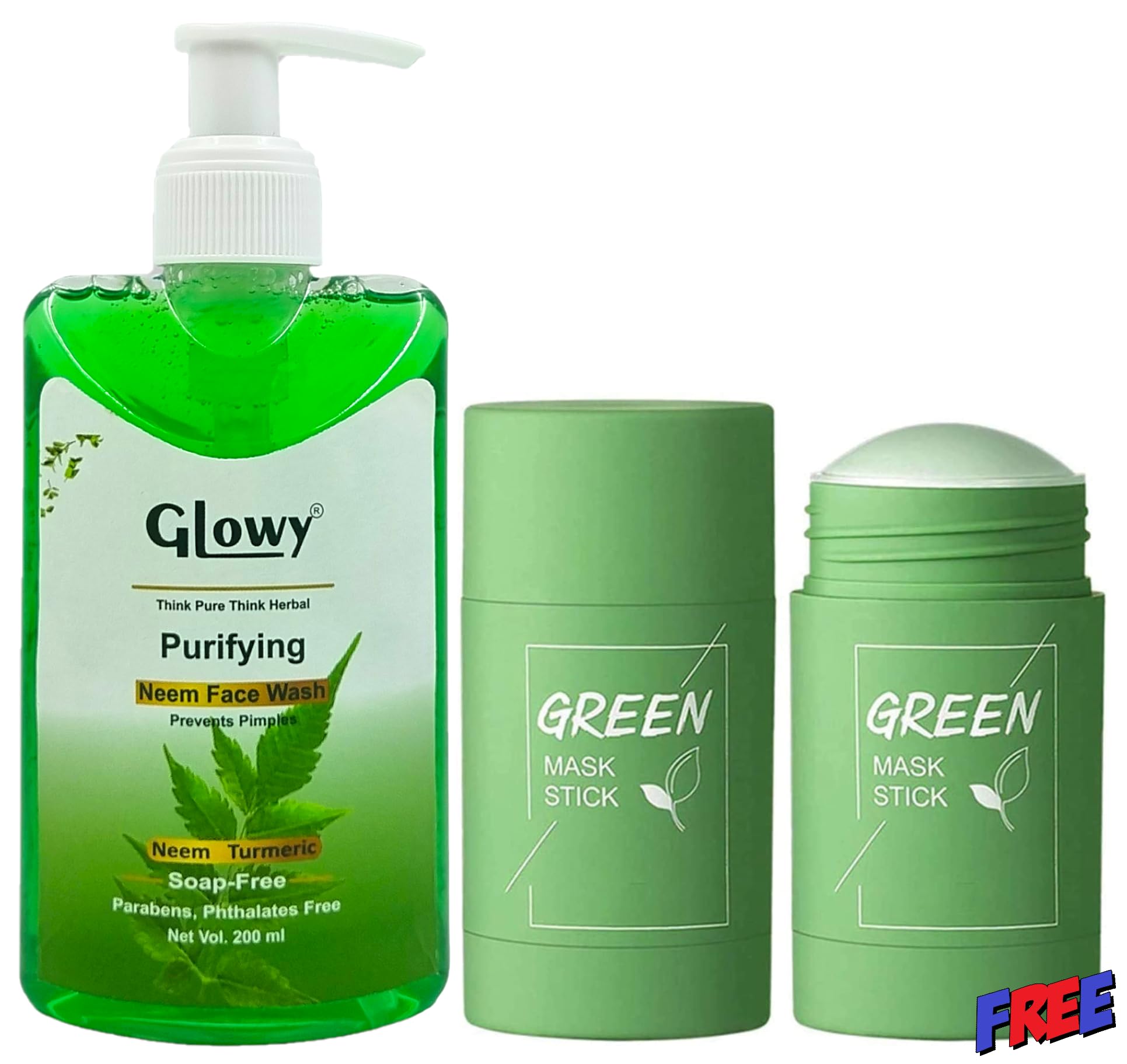 GLOWY Himalayan Neem Face Wash & Green Tea Stick Mask - Natural Skincare Combo for Men & Women | Deep Cleansing & Brightening | Perfect for Daily Use & Spa Nights