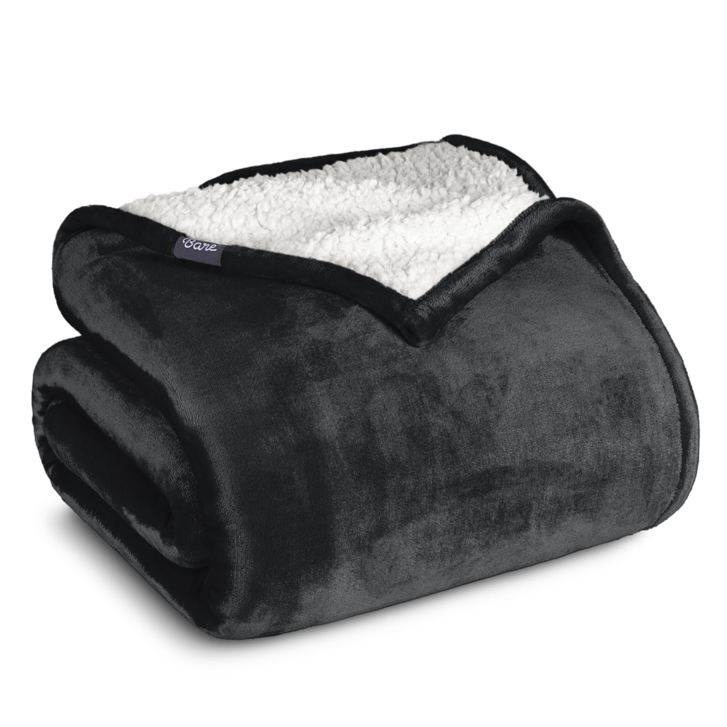 Bare Home Sherpa Fleece Blanket - Ultra Soft Reversible Plush Throw for Bed, Sofa, Couch - Warm & Lightweight Travel Blanket for Camping, Gifts - Cozy Home Decor & Perfect for Winter Nights (Black)