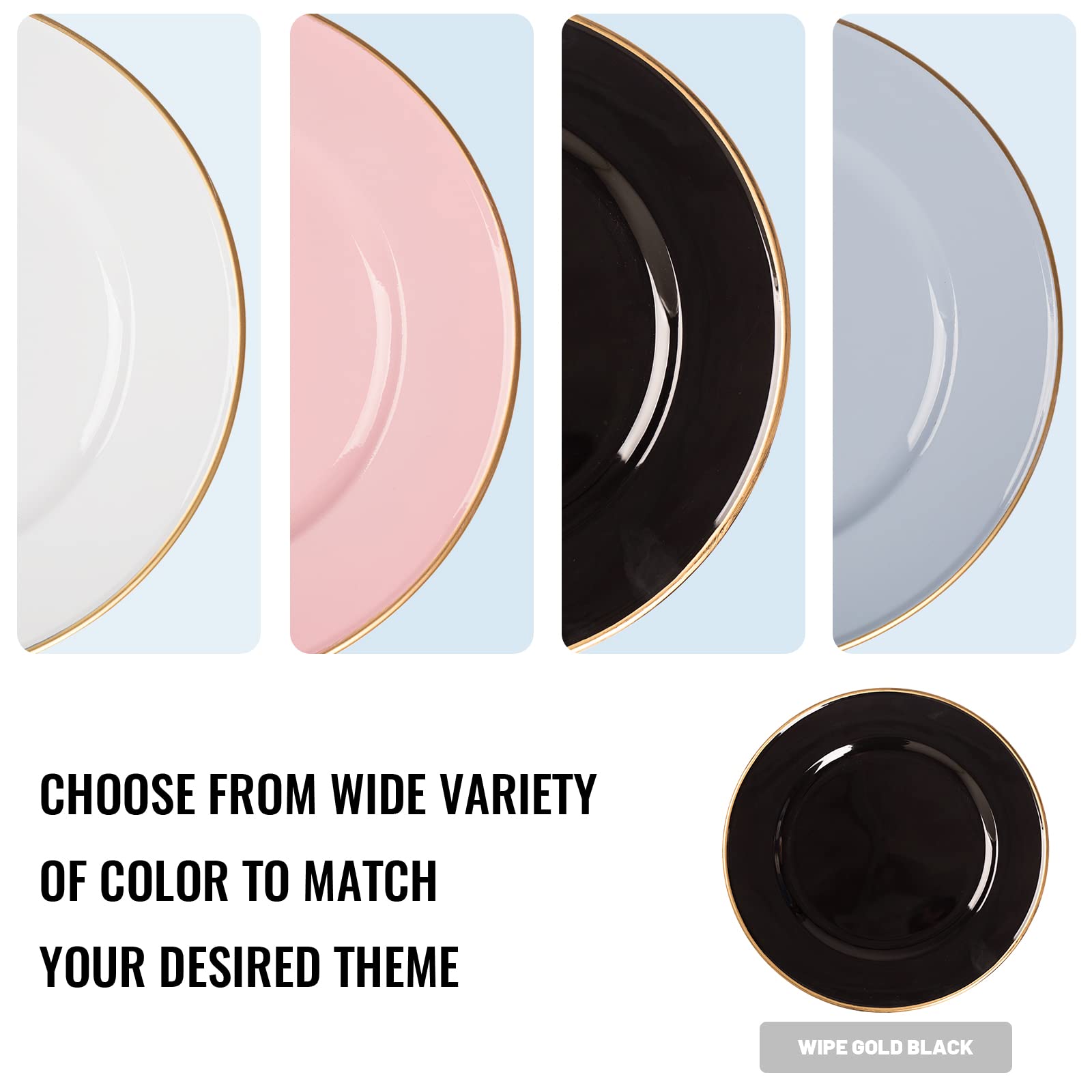 MAONAME 13-Inch Black Plastic Charger Plates with Gold Rim - Elegant Round Decorative Dinner Plates for Weddings, Parties, and Formal Dining - Set of 6 - Perfect for Table Settings, Buffets, and Special Occasions