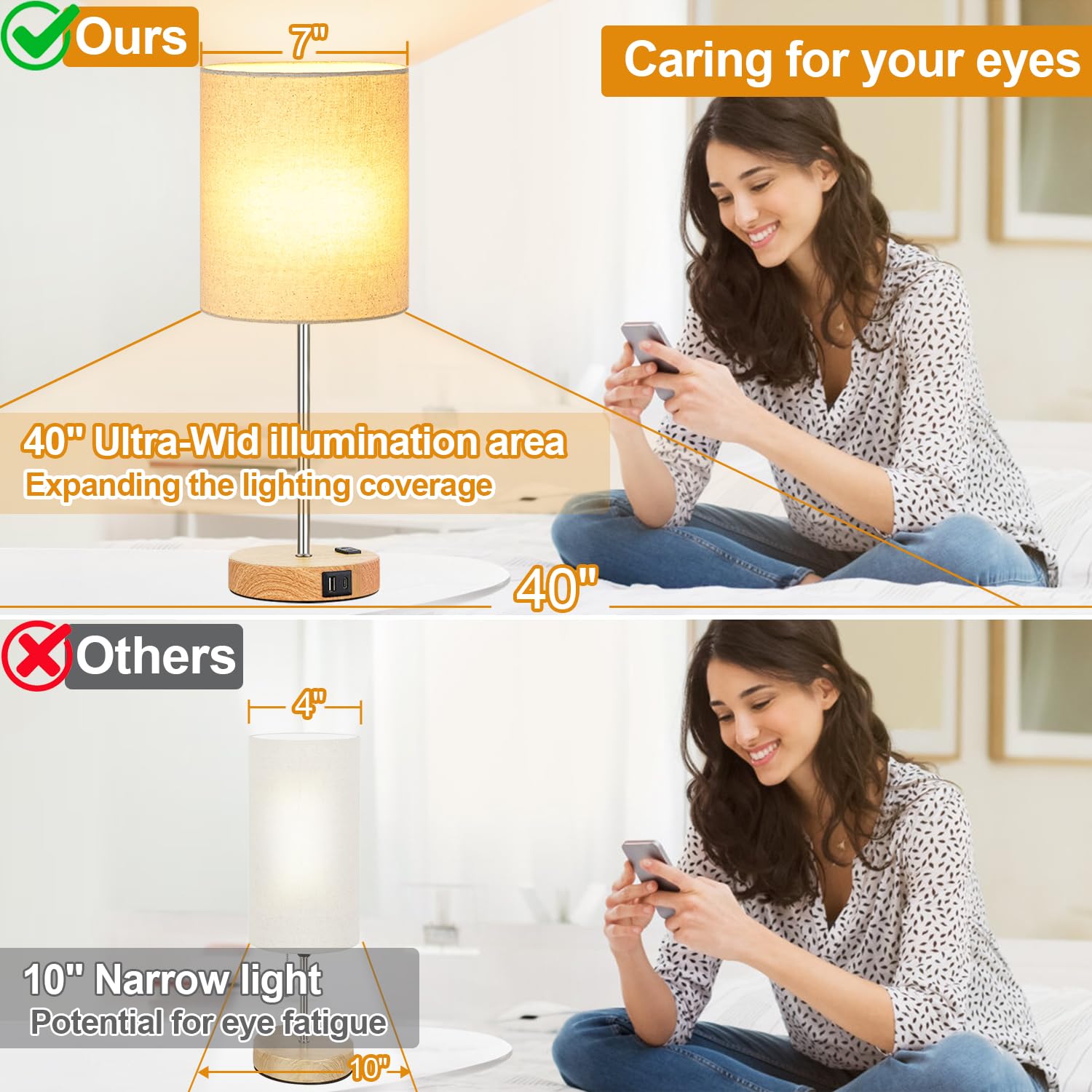 Lynnoland Touch Wood Table Lamps Set of 2 - USB & AC Outlet Bedside Lamps, 3-Way Dimmable Nightstand Lighting with 800 Lumens 2700K Warm White Bulbs Included - Perfect for Bedroom, Living Room, Nursery & Office Decor