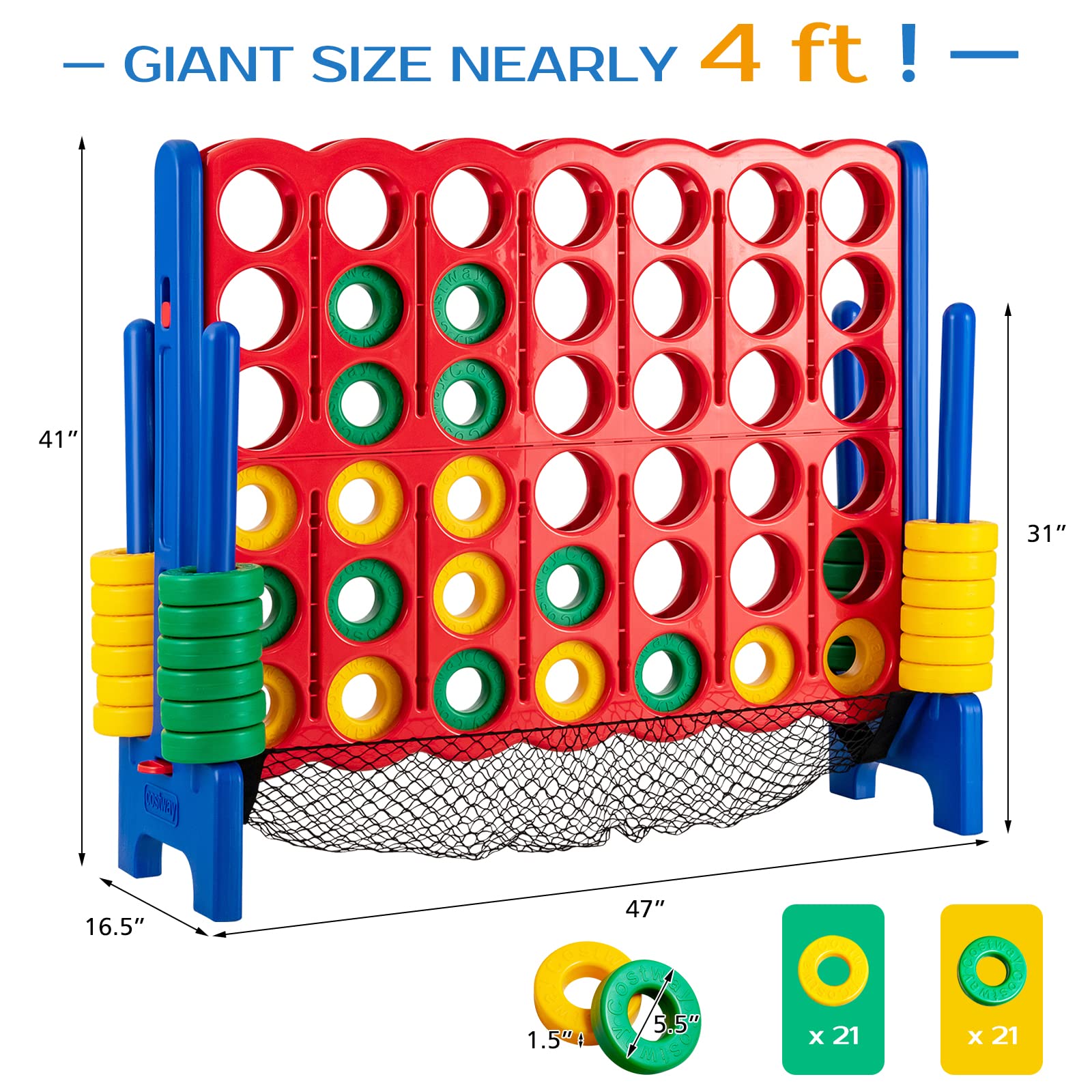 COSTWAY Jumbo 4-in-a-Row Giant Connect Game Set with Storage Bag - 42 Oversized Rings & Quick-Release Slider for Kids & Adults - Perfect for Family Game Night, Backyard Parties, Camping Trips & Indoor Fun