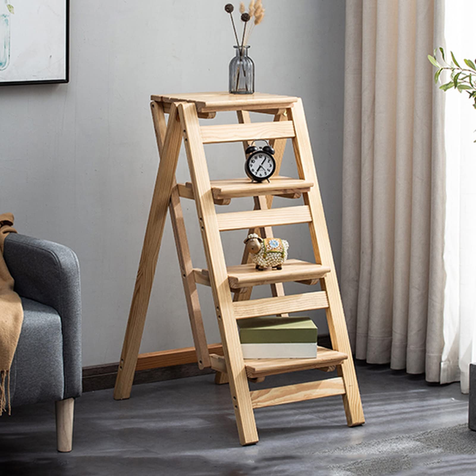 XHALERY Foldable Wooden Step Stool Ladder - 4 Step Safety Anti-Slip Library Stool with Multifunctional Use for Home, Kitchen, Bathroom & Storage Organization