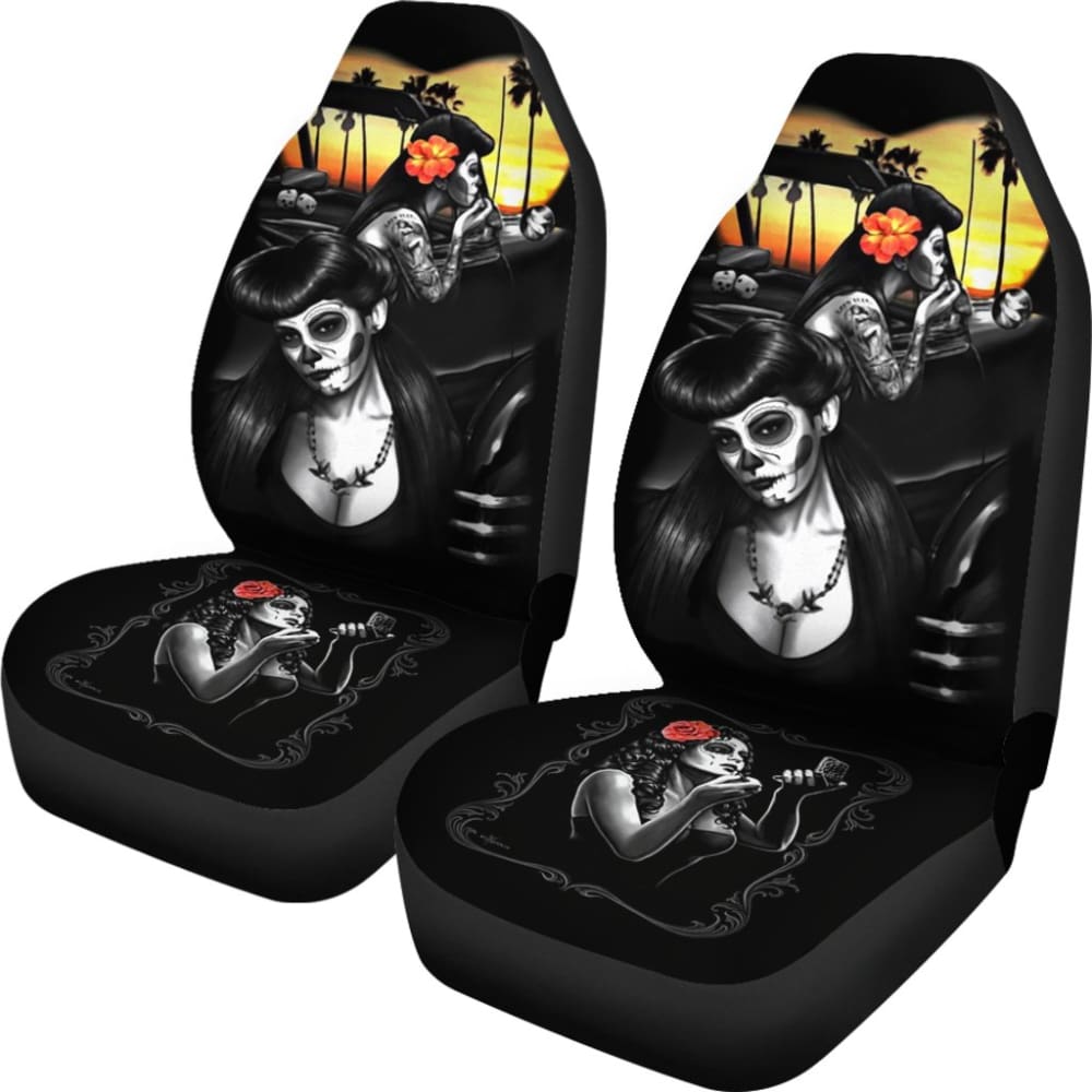 Stylish Couple Love Calavera Sugar Skull Car Seat Covers for Cars - Gothic Mexican Day of the Dead Design - Perfect for Couples, Halloween Decor & Unique Gift Ideas