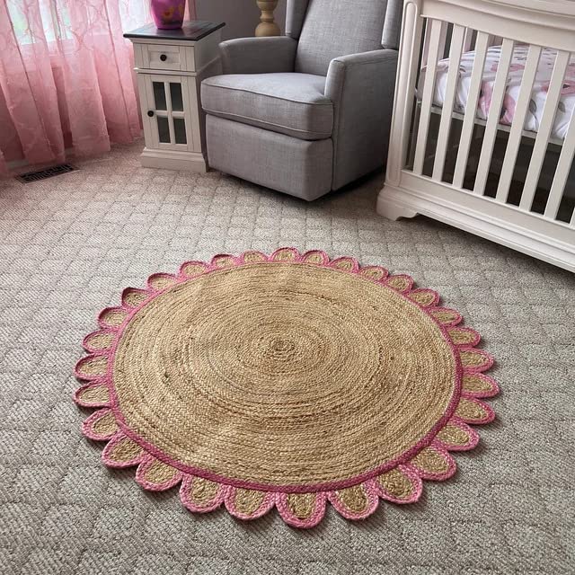 KLAVATE Scalloped Edge Jute Rug - 8ft Round Boho Handmade Natural Area Rug in Pink - Perfect for Living Room, Bedroom, or Nursery Decor