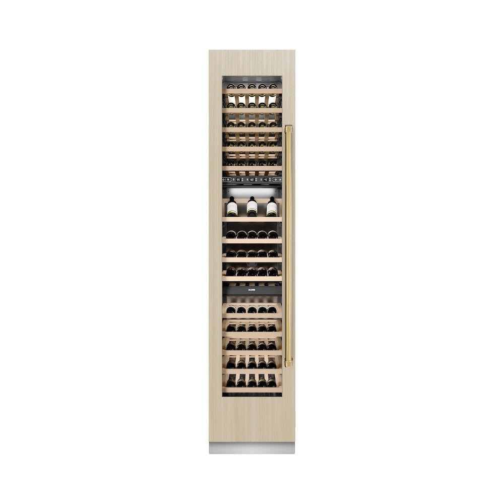 ZLINE Autograph Edition 18-Inch 9.0 cu. ft Triple Zone 68 Bottle Built-In Wine Cooler with Polished Gold Accents - Left Hinge Column Design for Home Bars, Restaurants & Wine Cellars (RBCWVLZ 18 G)
