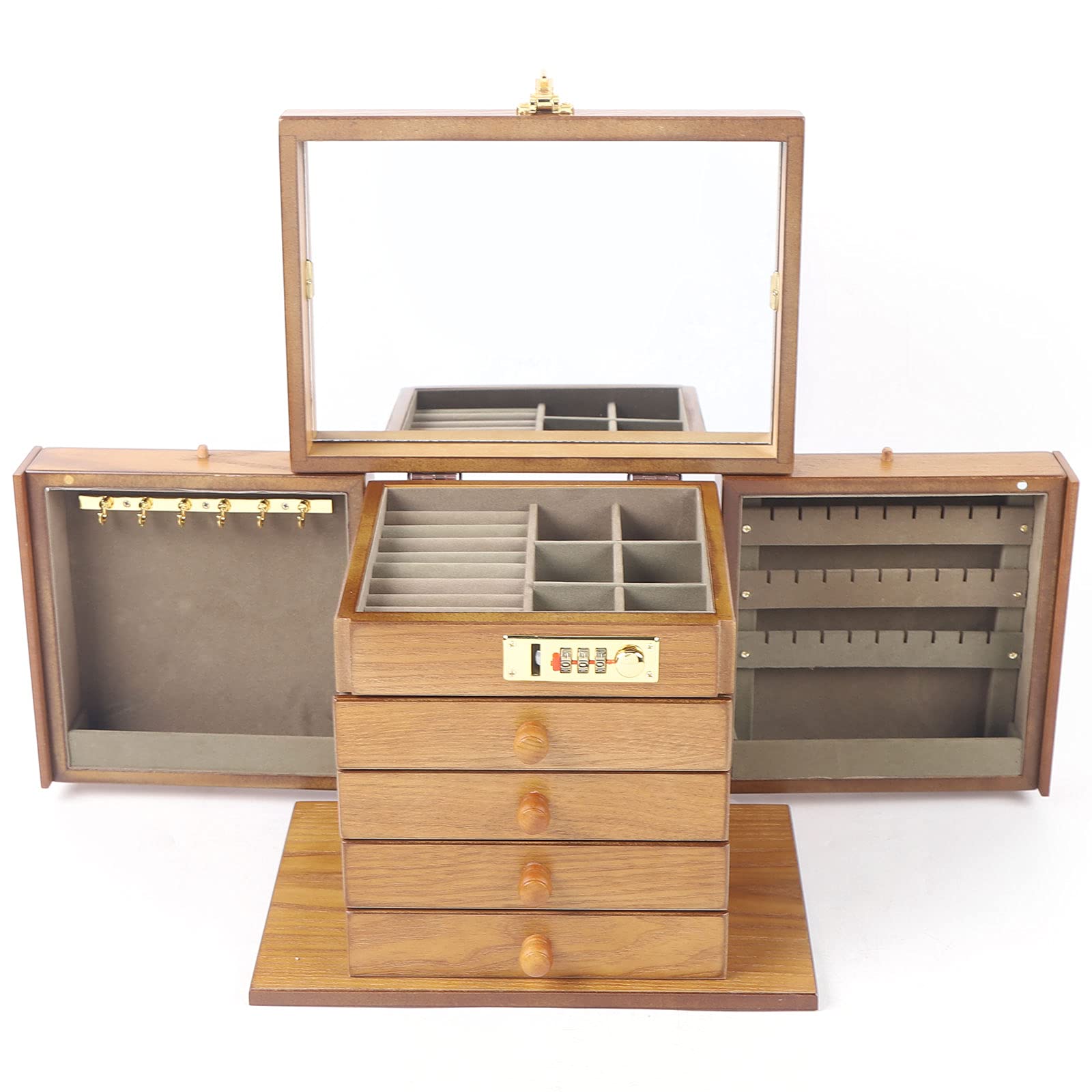 Wooden Jewelry Box with 5 Layers & Combo Lock - Jewelry Organizer Storage with Mirror for Women & Girls (Cherry) - Perfect for Travel, Home Vanity & Gift Giving