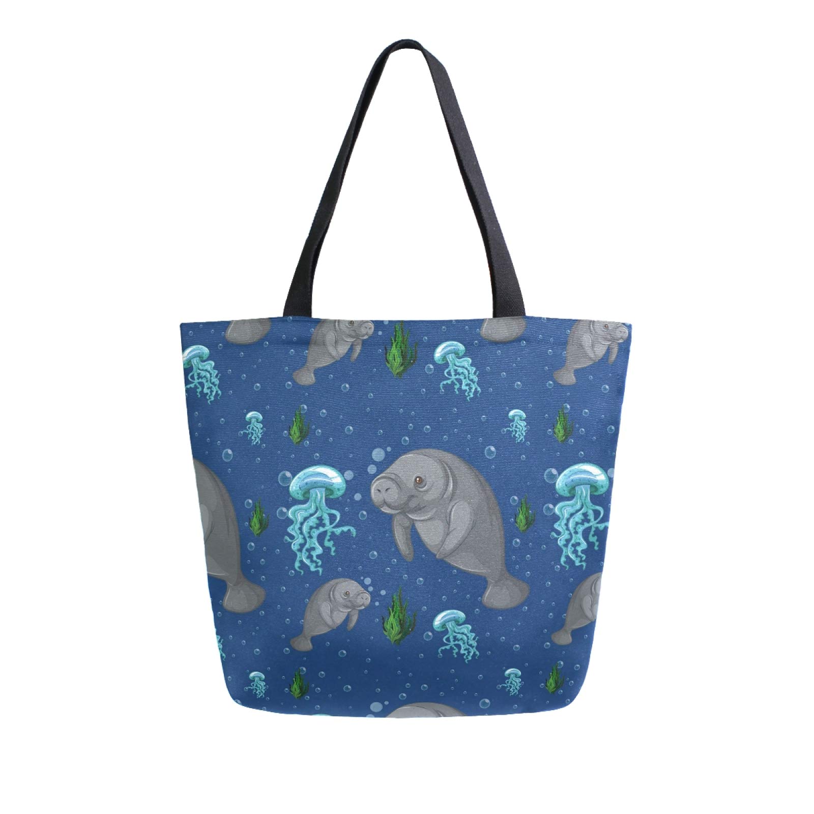 Blue Jellyfish & Seaweed Print Reusable Canvas Tote Bag - Eco-Friendly Grocery Shopping Bag for Women, Large Casual Shoulder Handbag for Travel, Beach & Outdoor Activities