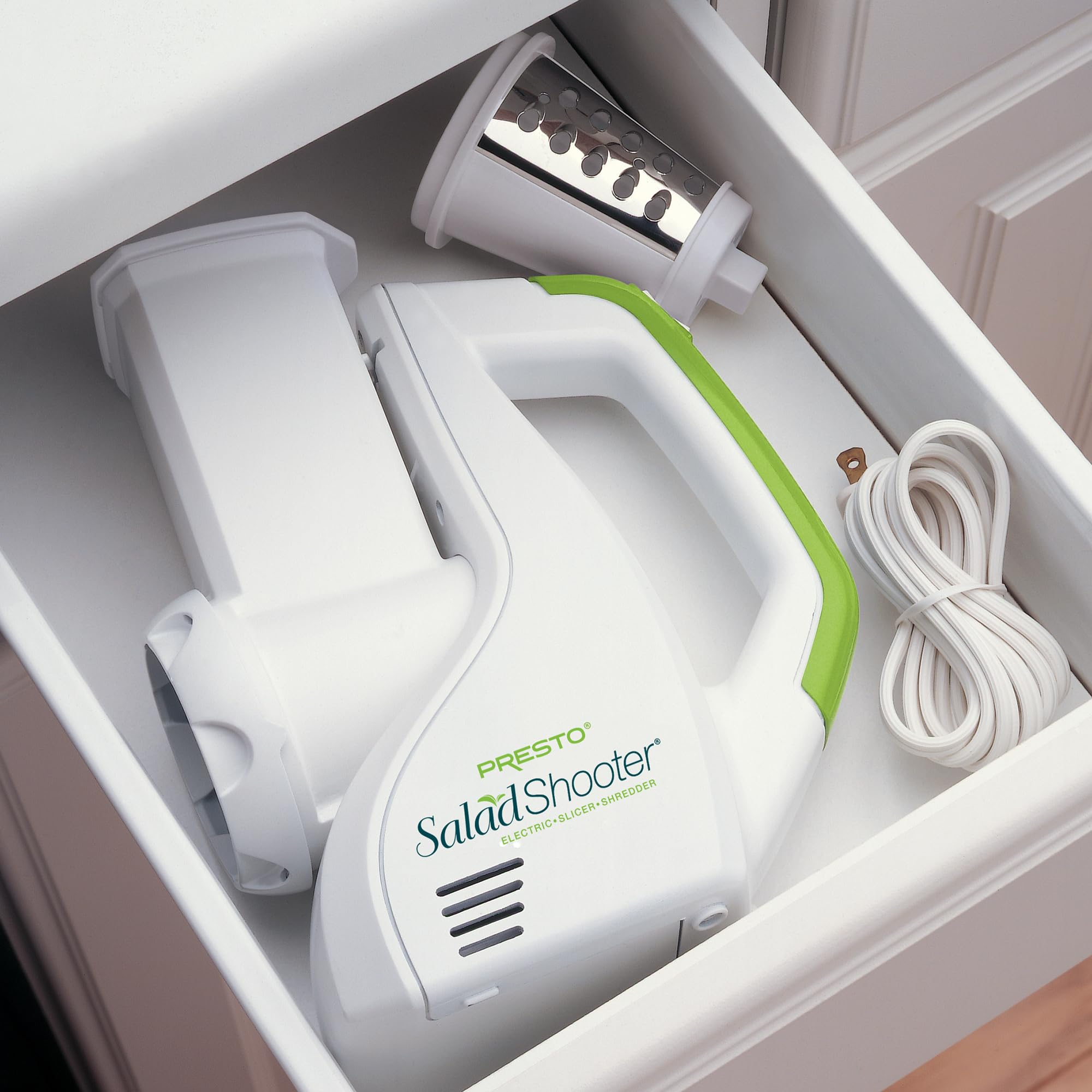 Presto Salad Shooter Electric Slicer and Shredder - White | Fast Food Prep for Salads, Pizzas & More | Perfect for Home Kitchens & Meal Prep