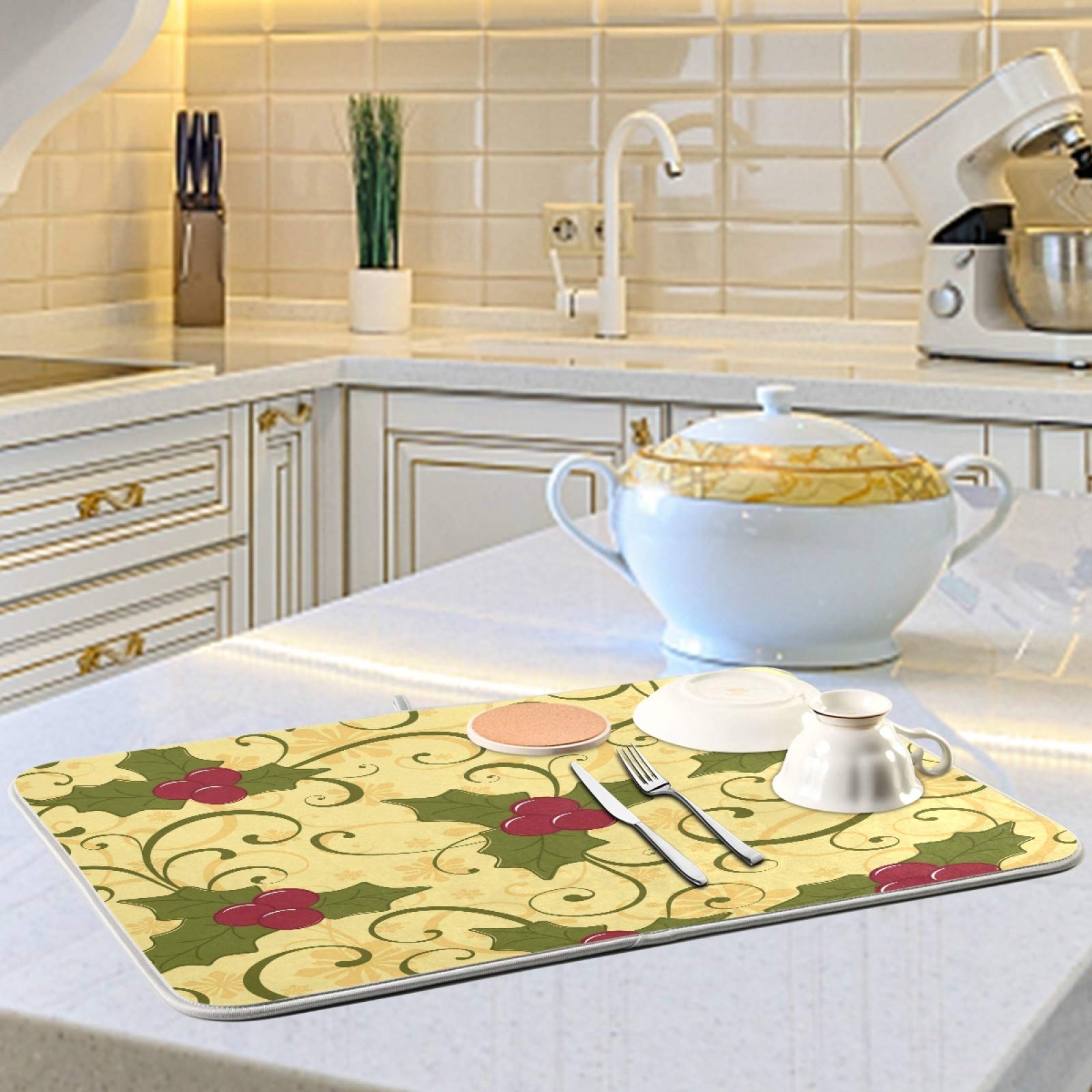 Susiyo Christmas Holly Berry Dish Drying Mat - Super Absorbent Microfiber Kitchen Counter Pad (18x24 Inch) | Heat-Resistant, Safe for Dishes | Perfect for Holiday Kitchen Decor & Counter Protection