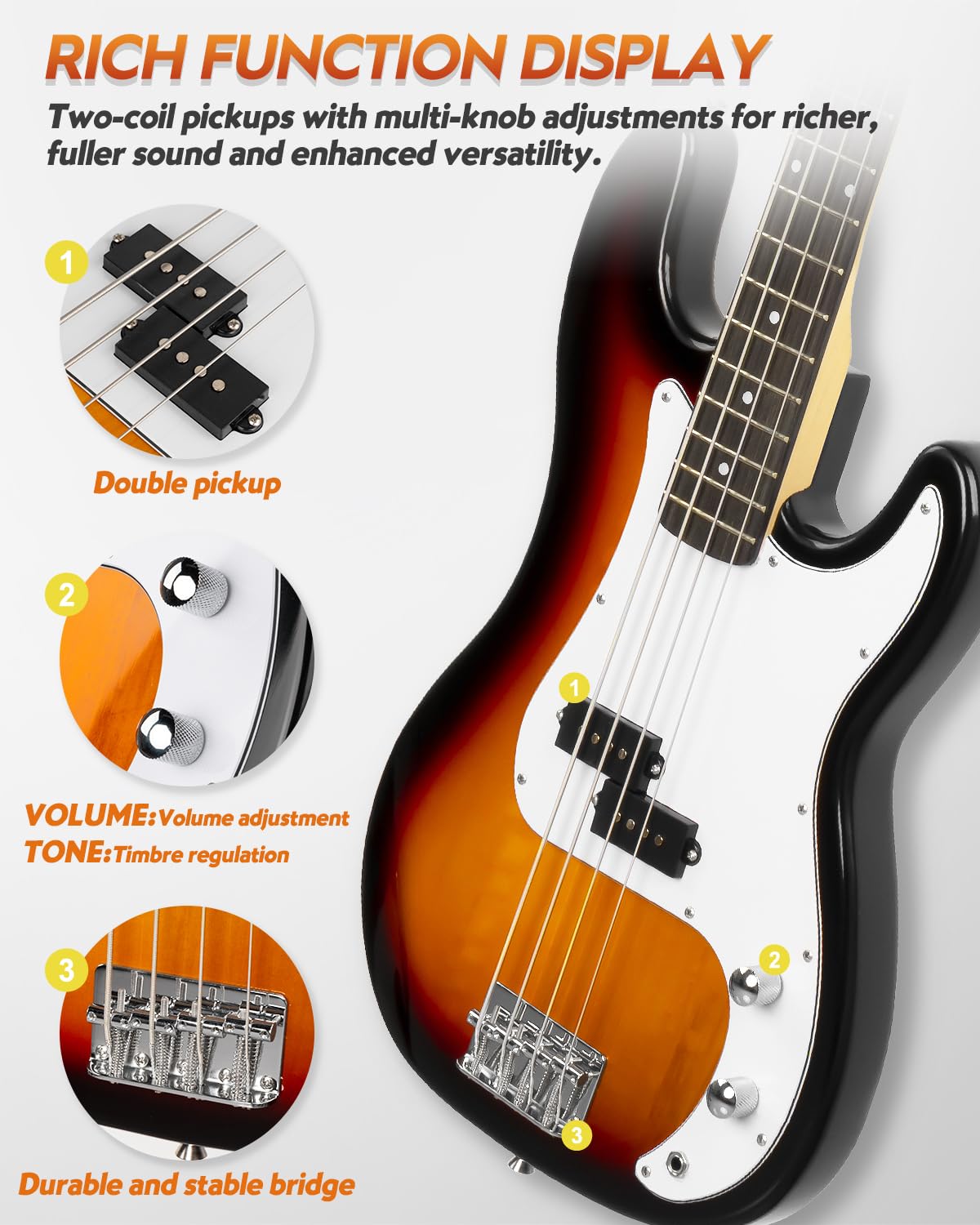 STRICH 4-String Electric Bass Guitar Full Size Beginner Kit - PB-Style Standard Bass with 20W Amp, Gig Bag, Tuner, Strap & Cable (SPB-S10 Sunburst) - Perfect for Beginners, Practice Sessions & Live Performances