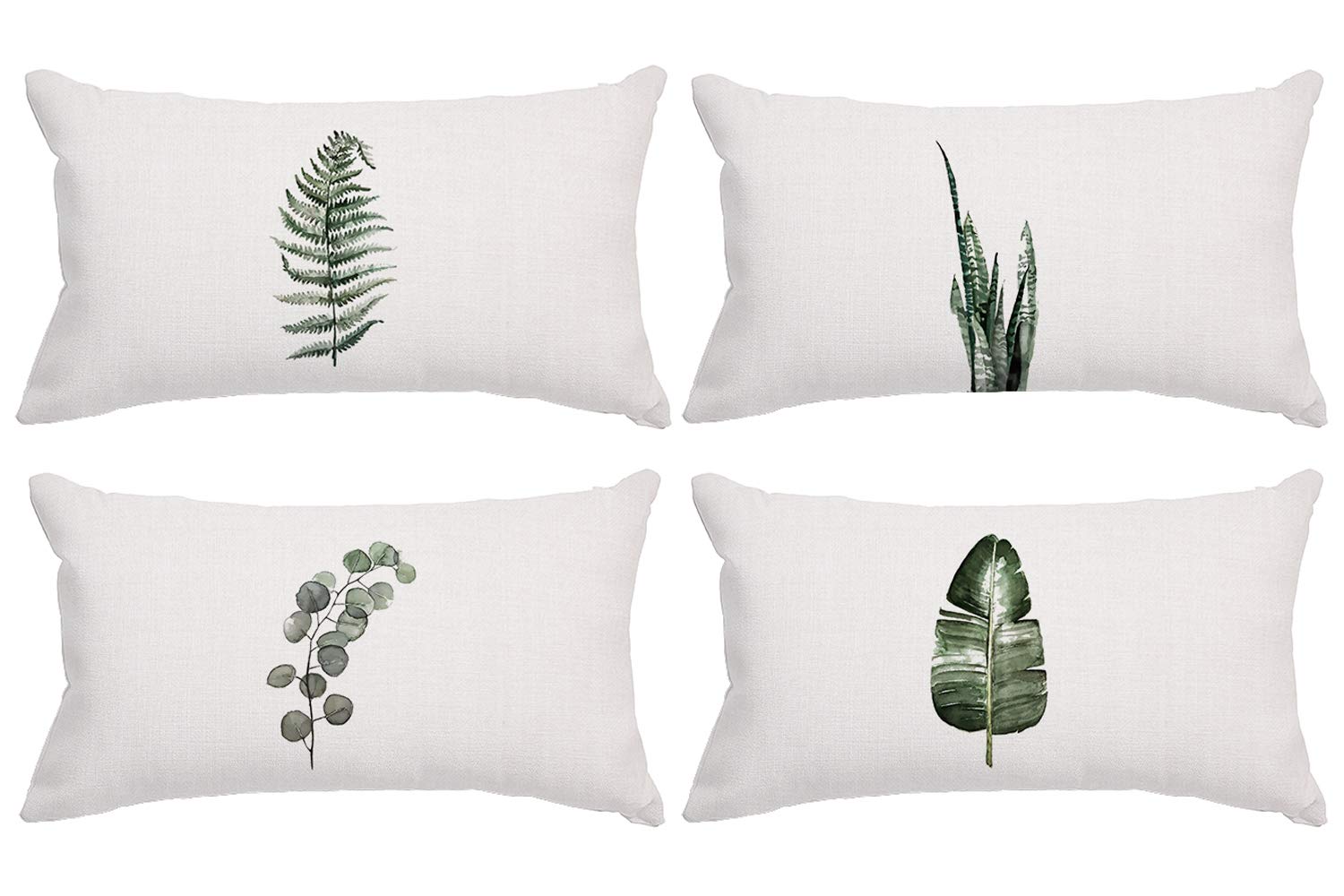 YeeJu Set of 4 Green Fern Leaf Throw Pillow Covers - 12x20 Inch Cotton Linen Decorative Cushion Covers for Sofa, Couch, Bed & Outdoor Use - Perfect for Living Room, Bedroom & Patio Decor