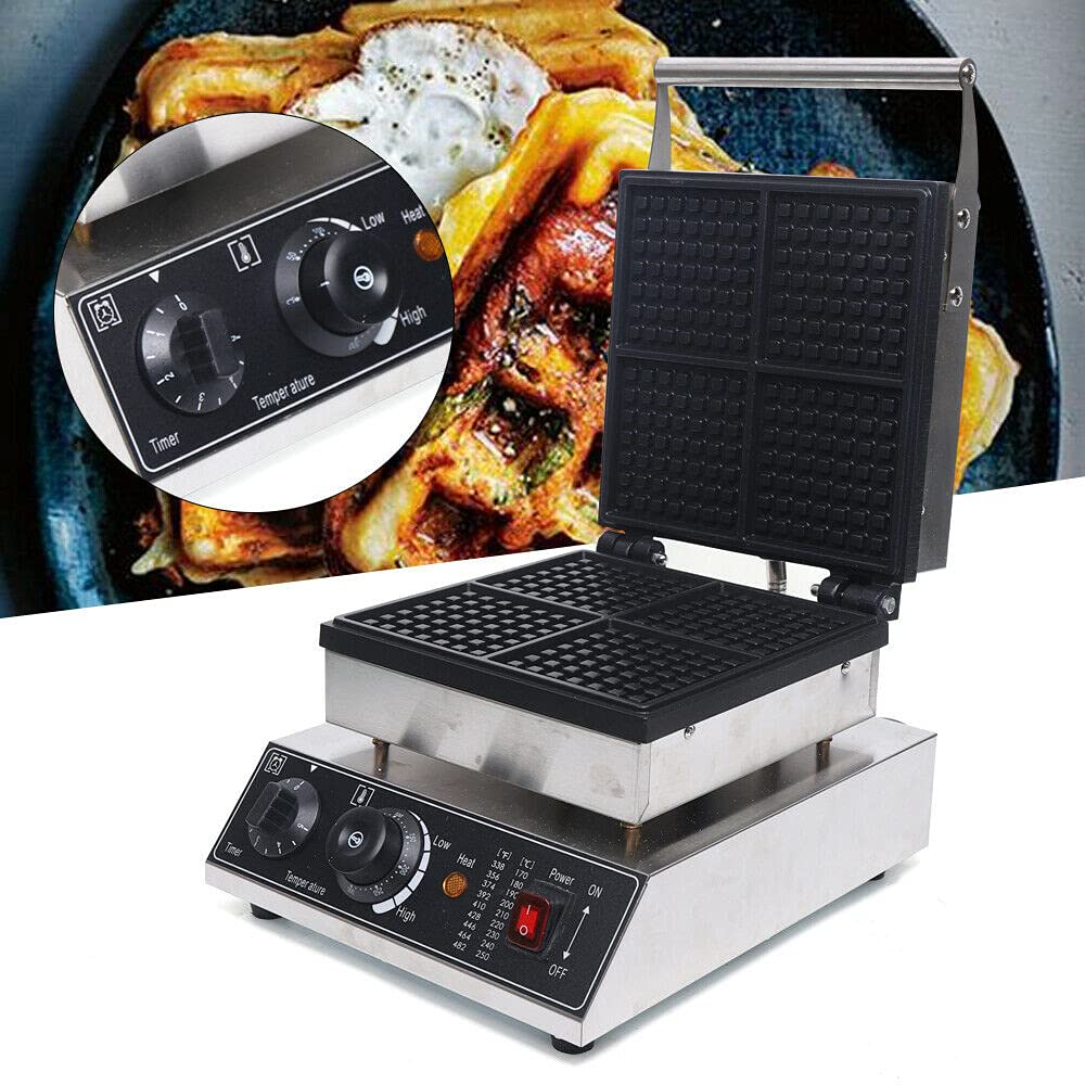 Commercial Waffle Maker Machine - 4 Pcs Stainless Steel Non-Stick Belgian Waffle Iron with Temperature & Time Control - Perfect for Bakeries, Cafes, Restaurants, and Home Breakfast Cooking