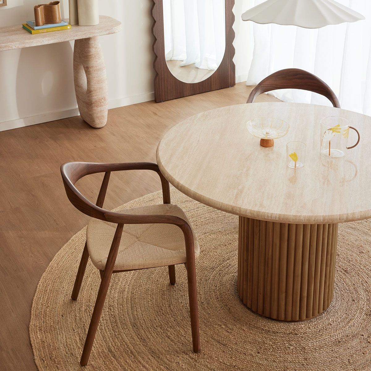 Stylish Cosmos Dining Table - Solid Oak & Travertine Top - 120cm Round Table for Kitchen, Dining Room, and Small Space Gatherings