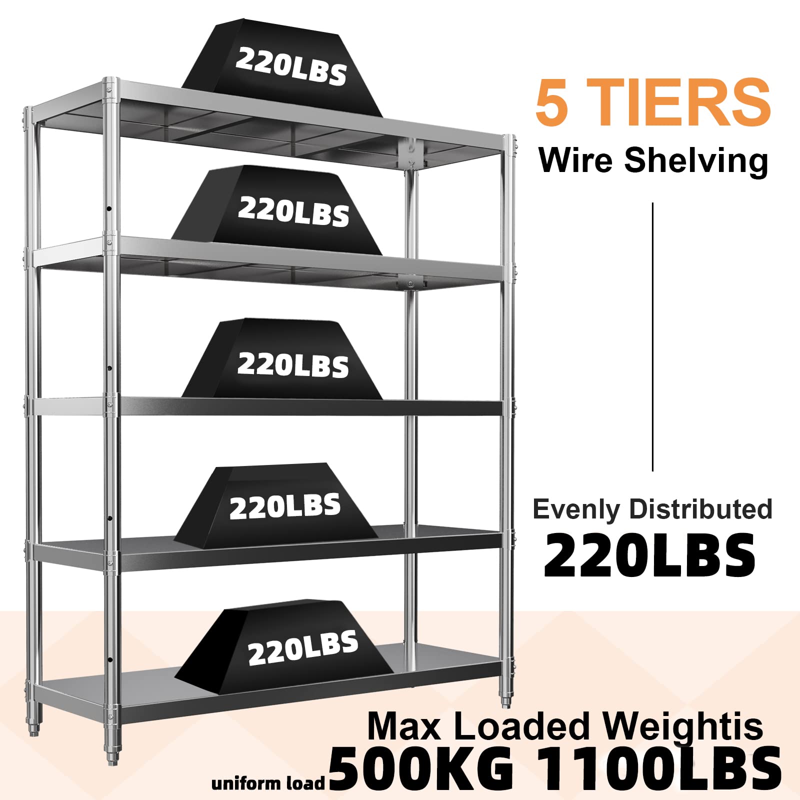 5-Tier Adjustable Stainless Steel Storage Shelf - Heavy Duty Metal Shelving Unit for Kitchen, Office, Garage - 47