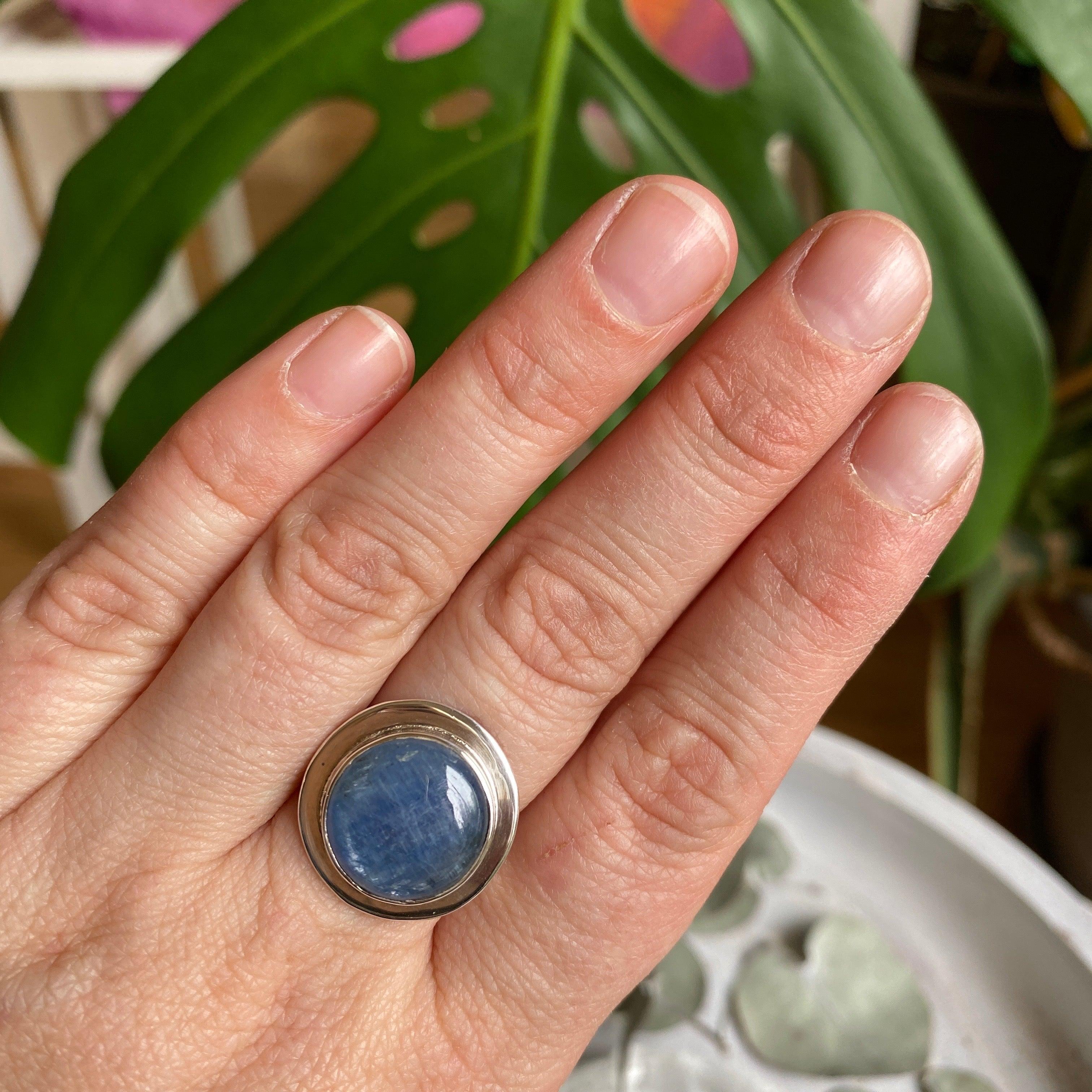 Natural Kyanite Round Cabochon Ring Size 8 - Handmade Sterling Silver Jewelry for Women, Perfect for Everyday Wear & Special Occasions