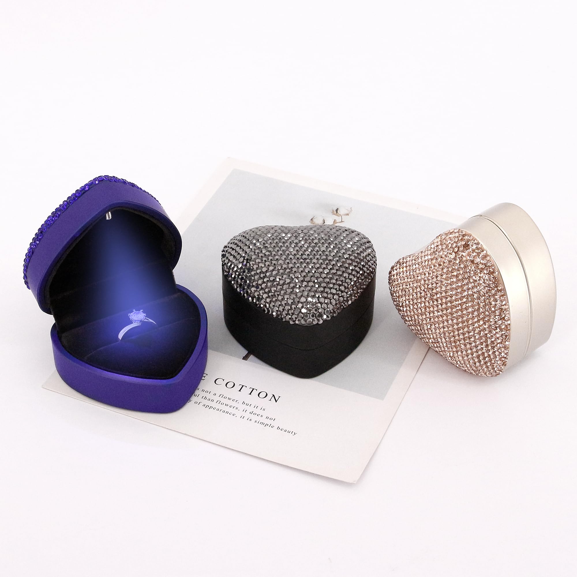 Naimo Bling Rhinestone Heart Shaped Ring Box - Velvet Jewelry Organizer with LED Light for Engagement Rings, Earrings & Coins | Perfect for Wedding Proposals, Bridal Showers & Anniversary Gifts