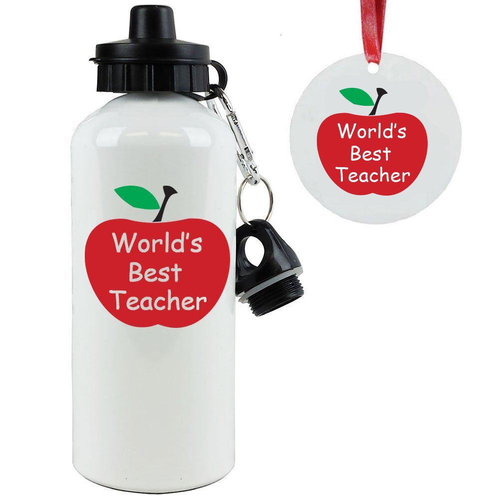 World's Best Teacher White Aluminum Water Bottle 20oz (600ml) - Custom Engraved Sport Water Bottle with Leakproof Sports Cap, Christmas Ornament & Carabiner Clip - Perfect for Teachers, Coaches, Students & Outdoor Activities
