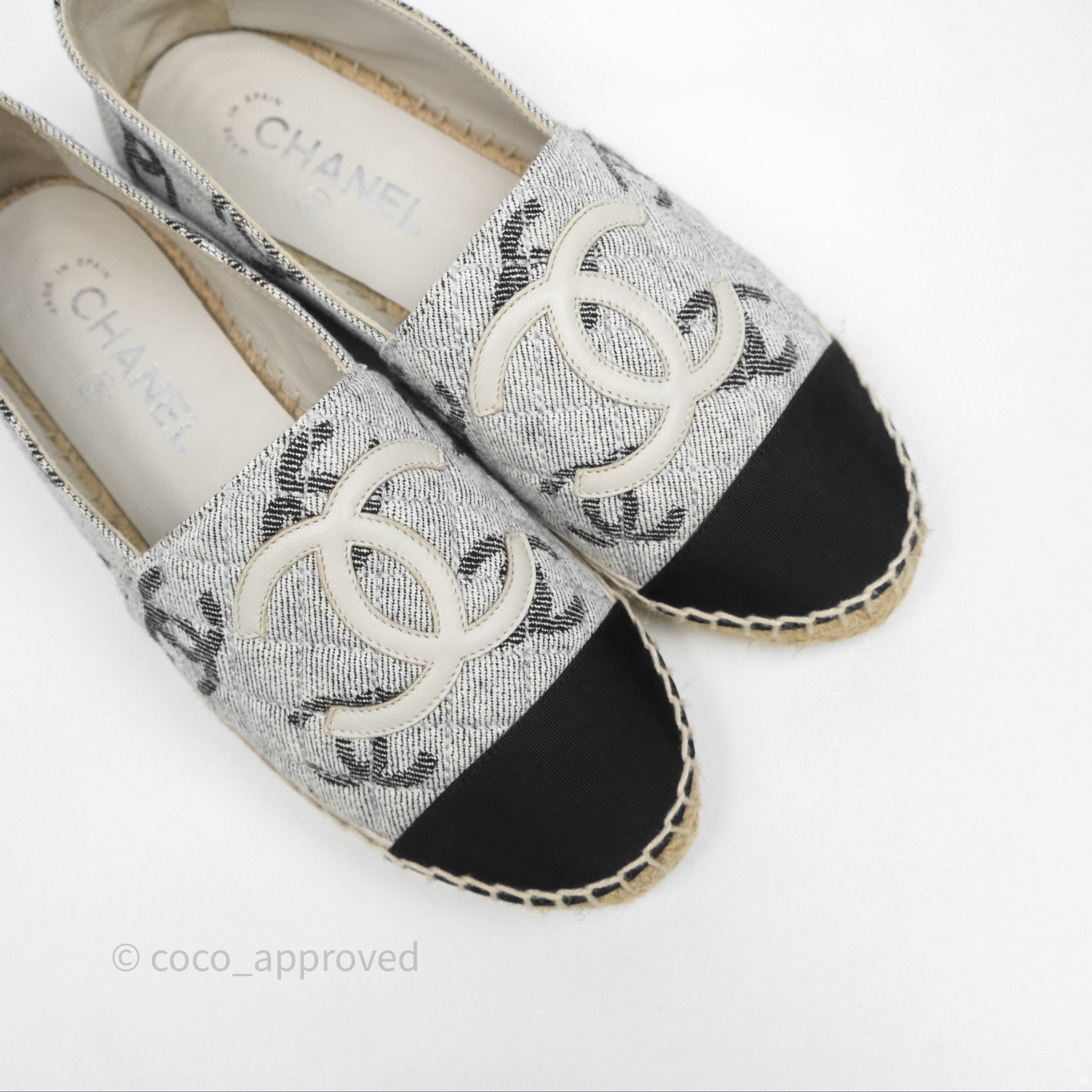 Chanel CC Logo Grey Cotton Jacquard Black Grosgrain Espadrilles Women's Shoes Size 38 - Perfect for Casual Outings, Summer Weddings & Luxury Fashion Lovers