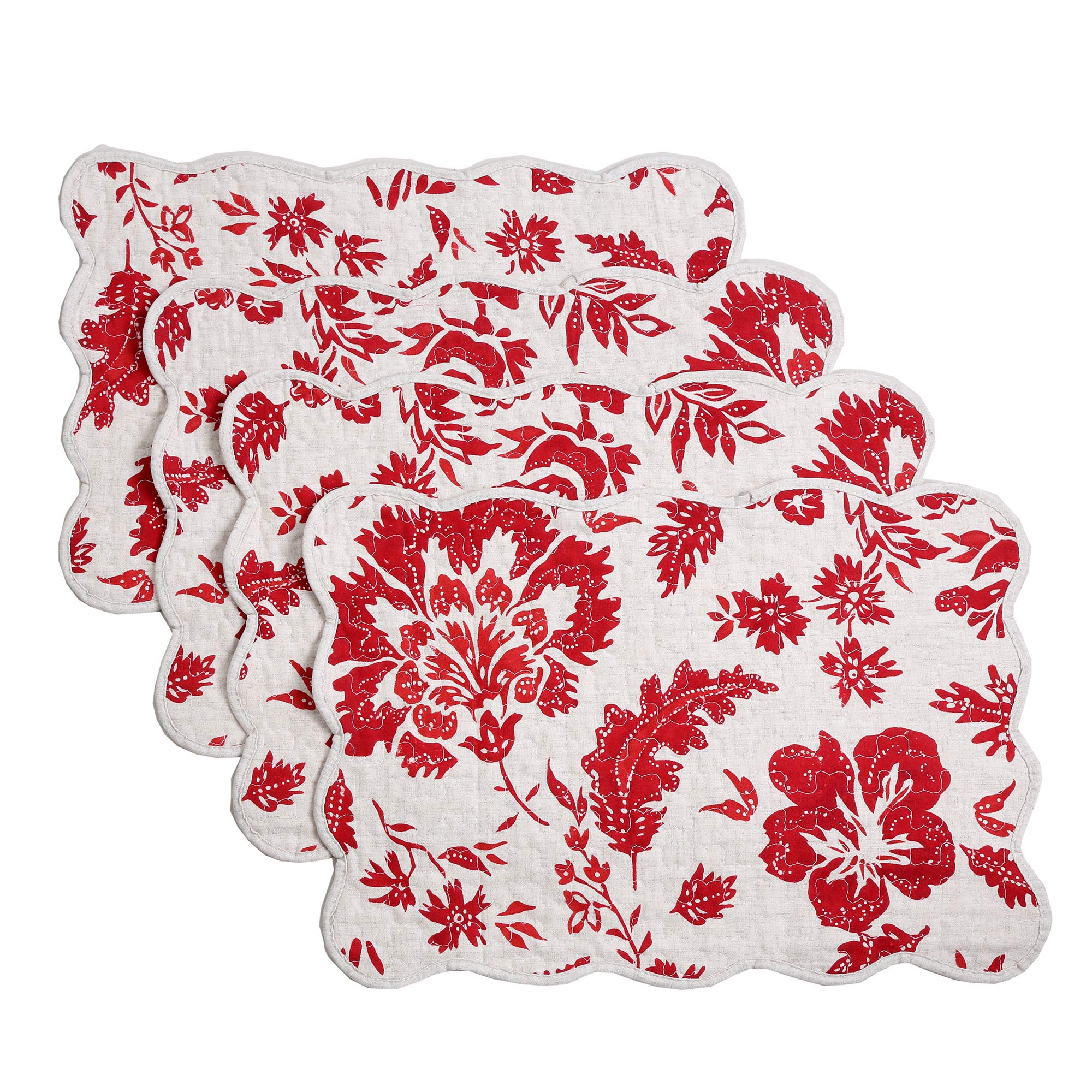 Quilted Linen Cotton Placemats Set of 4 - Cozy Line Home Fashions Red Floral Design for Dining Table Decor, Kitchen Table Setting & Holiday Dinner Parties