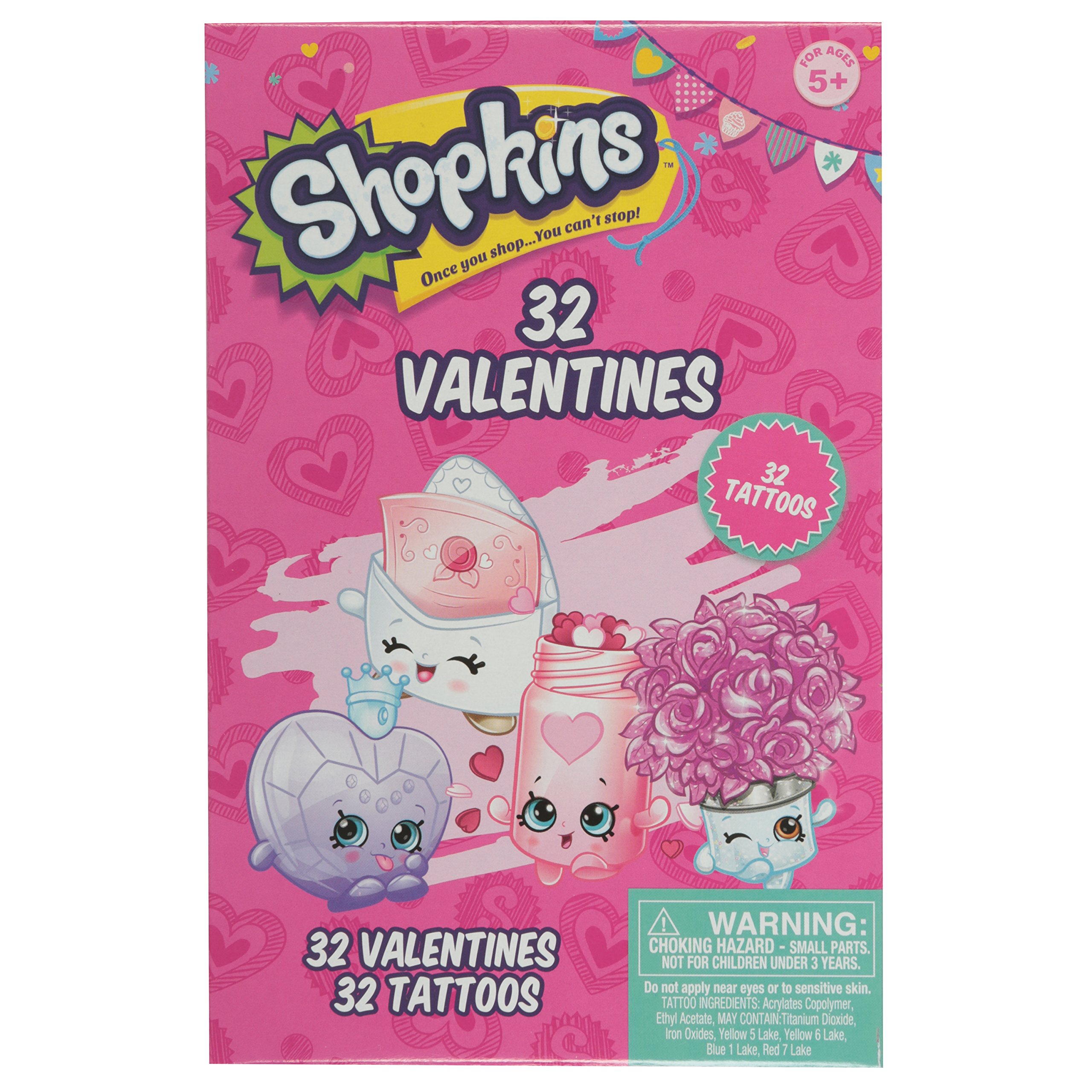 Shopkins 32 Valentine's Day Cards with Temporary Tattoos - Perfect for Kids Classroom Exchange & Party Favors