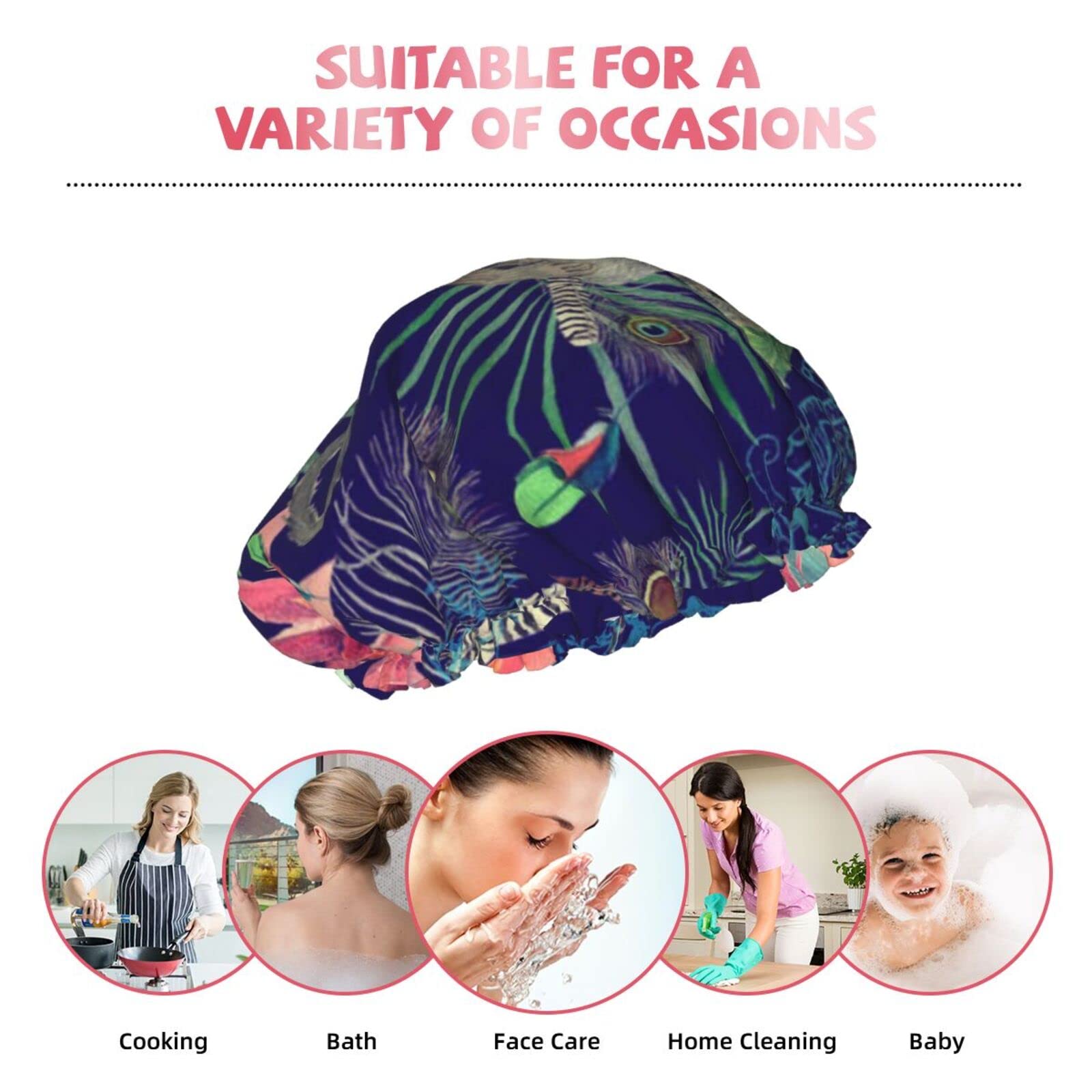 Waterproof Reusable Shower Cap for Women - Cute Monkey Peacock Design Bath Hair Cap for Shower & Bathing | Perfect for Spa, Swimming & Hair Care Routines