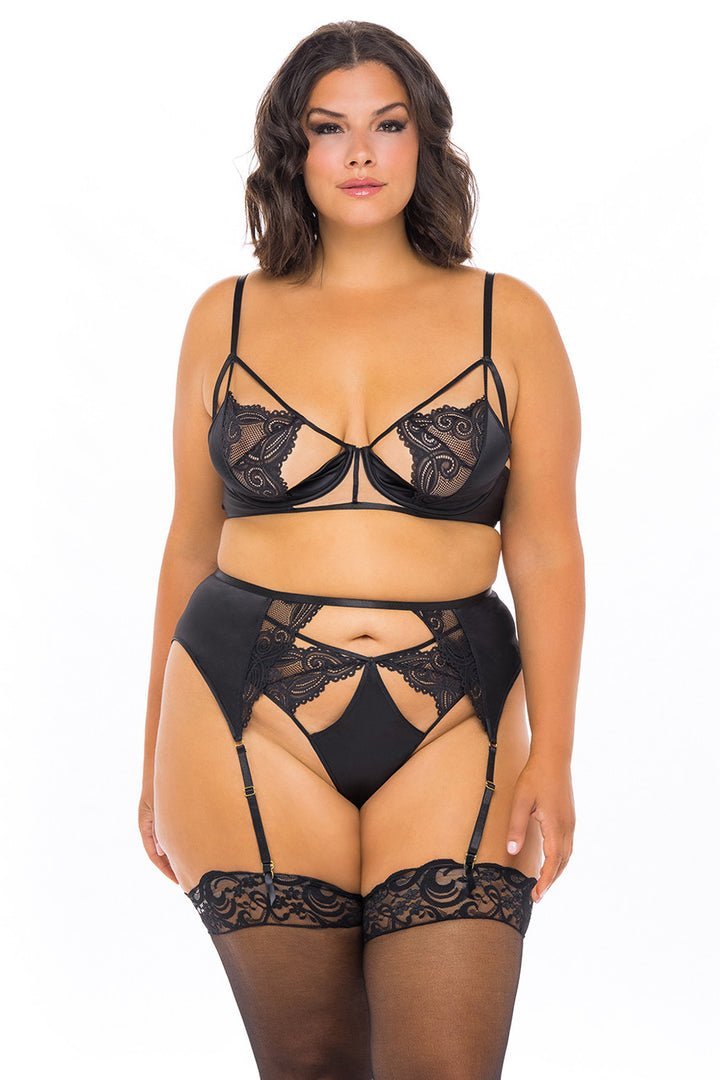 Curvy Ivy Cage 3 Piece Bra Set - Sexy Lingerie for Women, Push Up Underwire Bralette & Garter Belt | Perfect for Valentine's Day, Boudoir Photography & Special Occasions