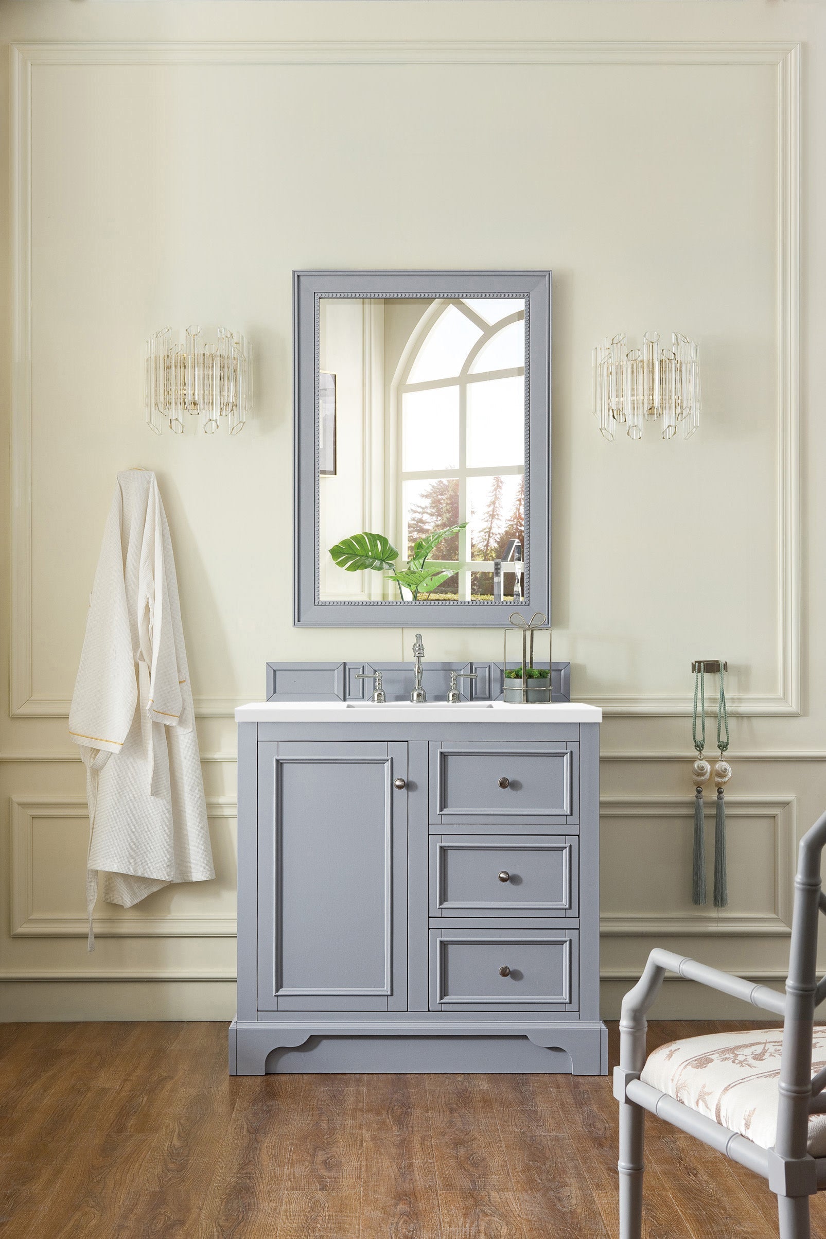 De Soto 36 Inch Single Bathroom Vanity with 3CM Classic White Quartz Countertop - Silver Gray Finish for Modern Home & Apartment Renovation