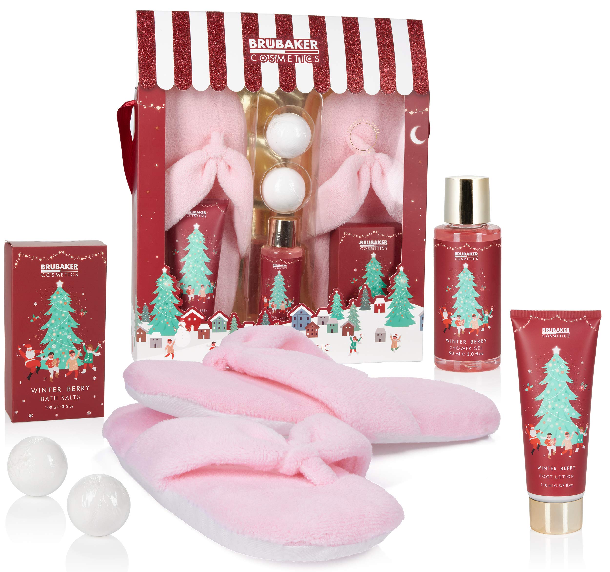 BRUBAKER Winter Berries Bath Set - 6 Pcs with Plush Slippers - Christmas Gift for Women - Spa & Relaxation